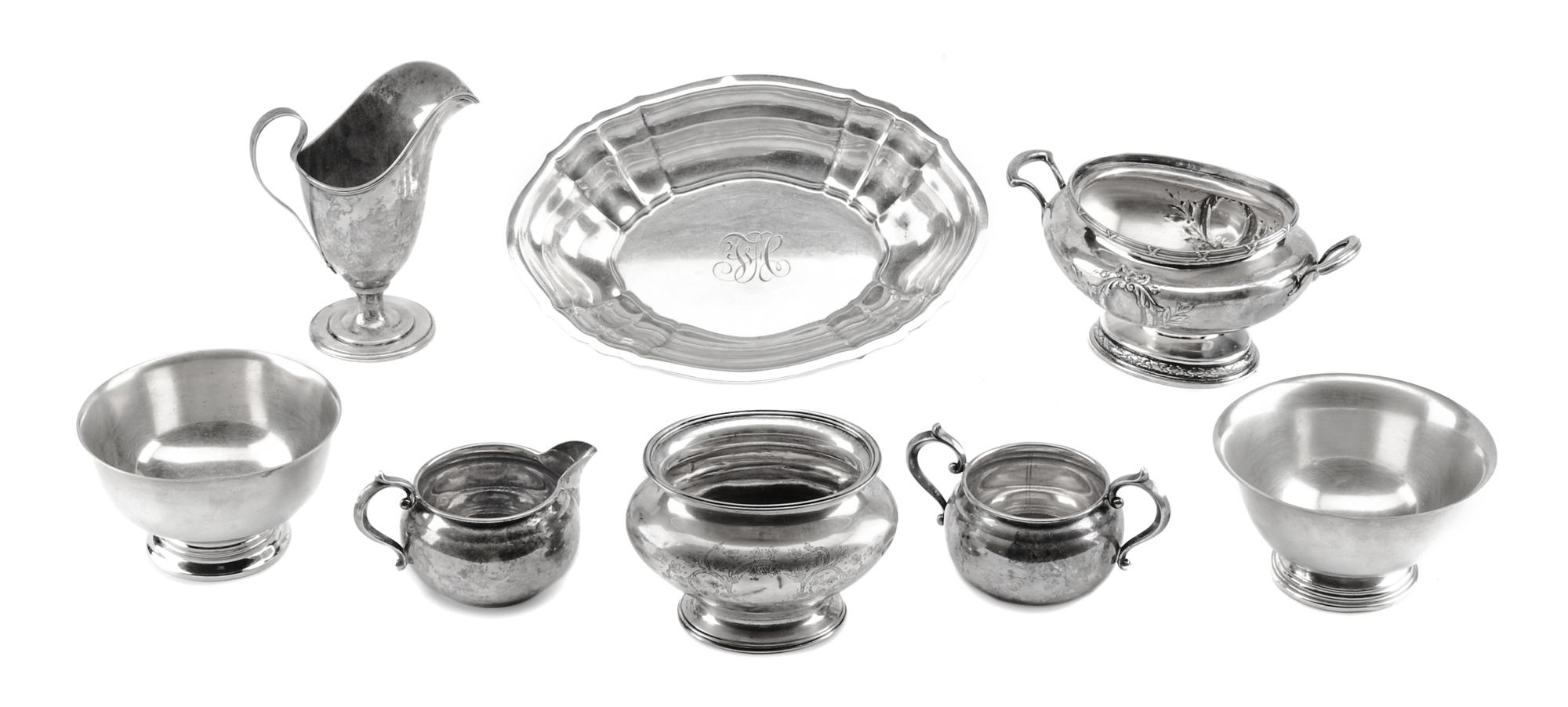 A Group of Eight American Silver Holloware Articles, Gorham Mfg. Co., Providence, RI and Other Makers, comprising a pair of Revere bowl