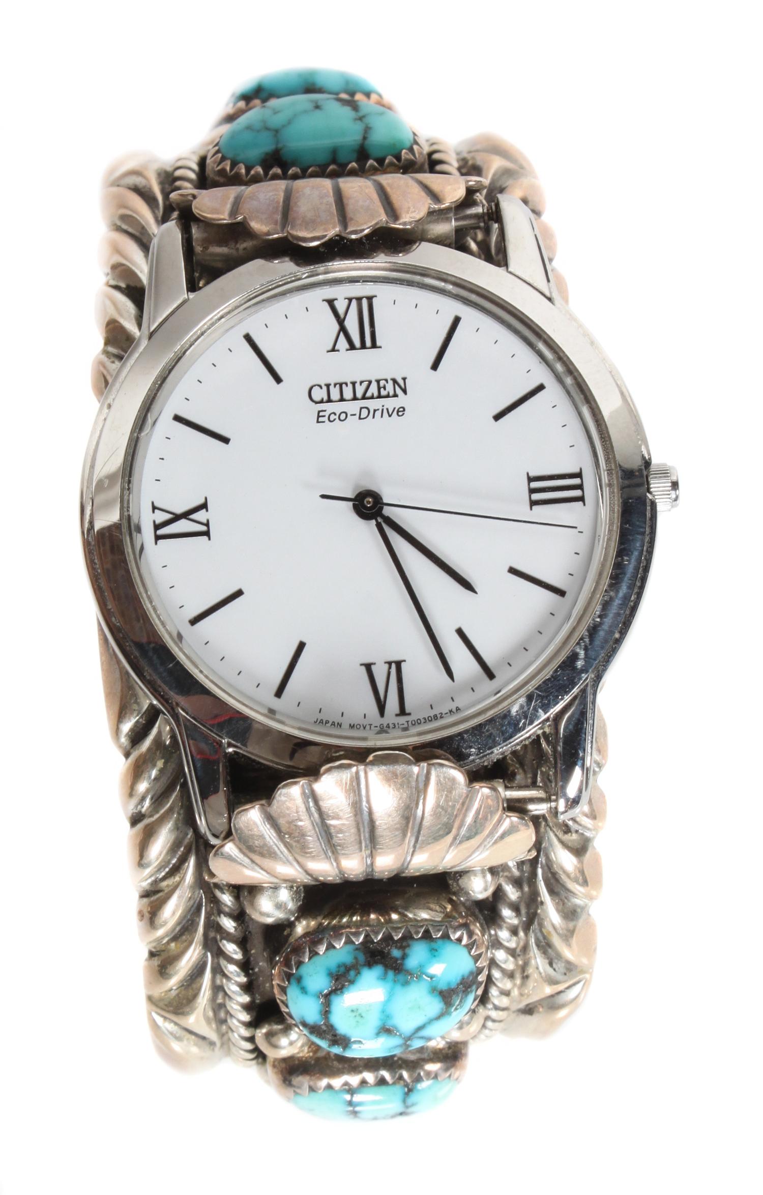 Navajo Silver and Turquoise Watch Band, Orville Tsinnie (1943-2017) Length 5 1/4 x opening 7/8 x width 1 1/4 inches