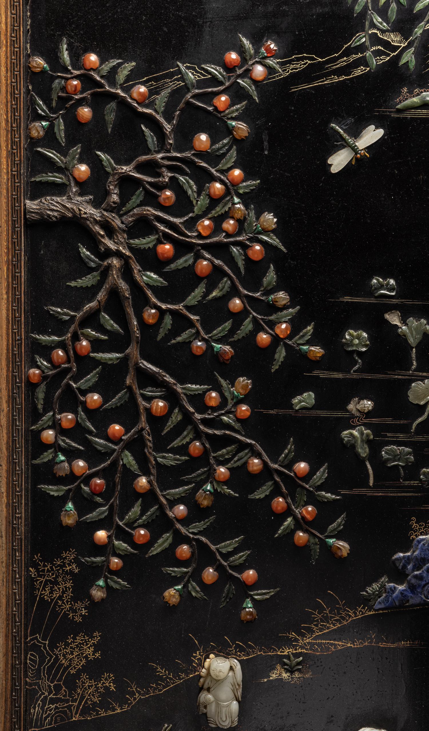 A Pair of Chinese Black Lacquered Hardstone Inset Rectangular Wall Panels