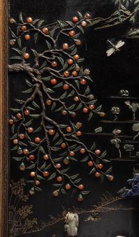 A Pair of Chinese Black Lacquered Hardstone Inset Rectangular Wall Panels