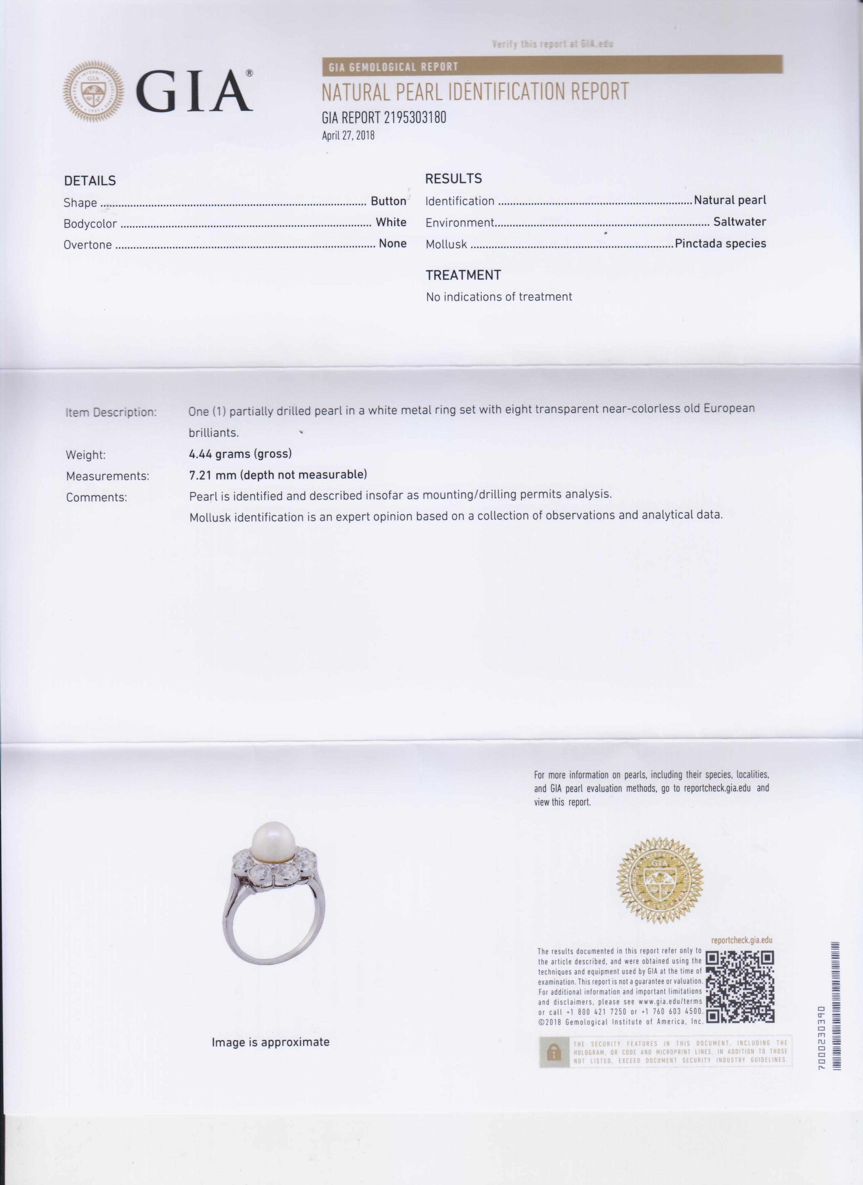 An Edwardian Platinum, Natural Pearl and Diamond Ring, 2.90 dwts.