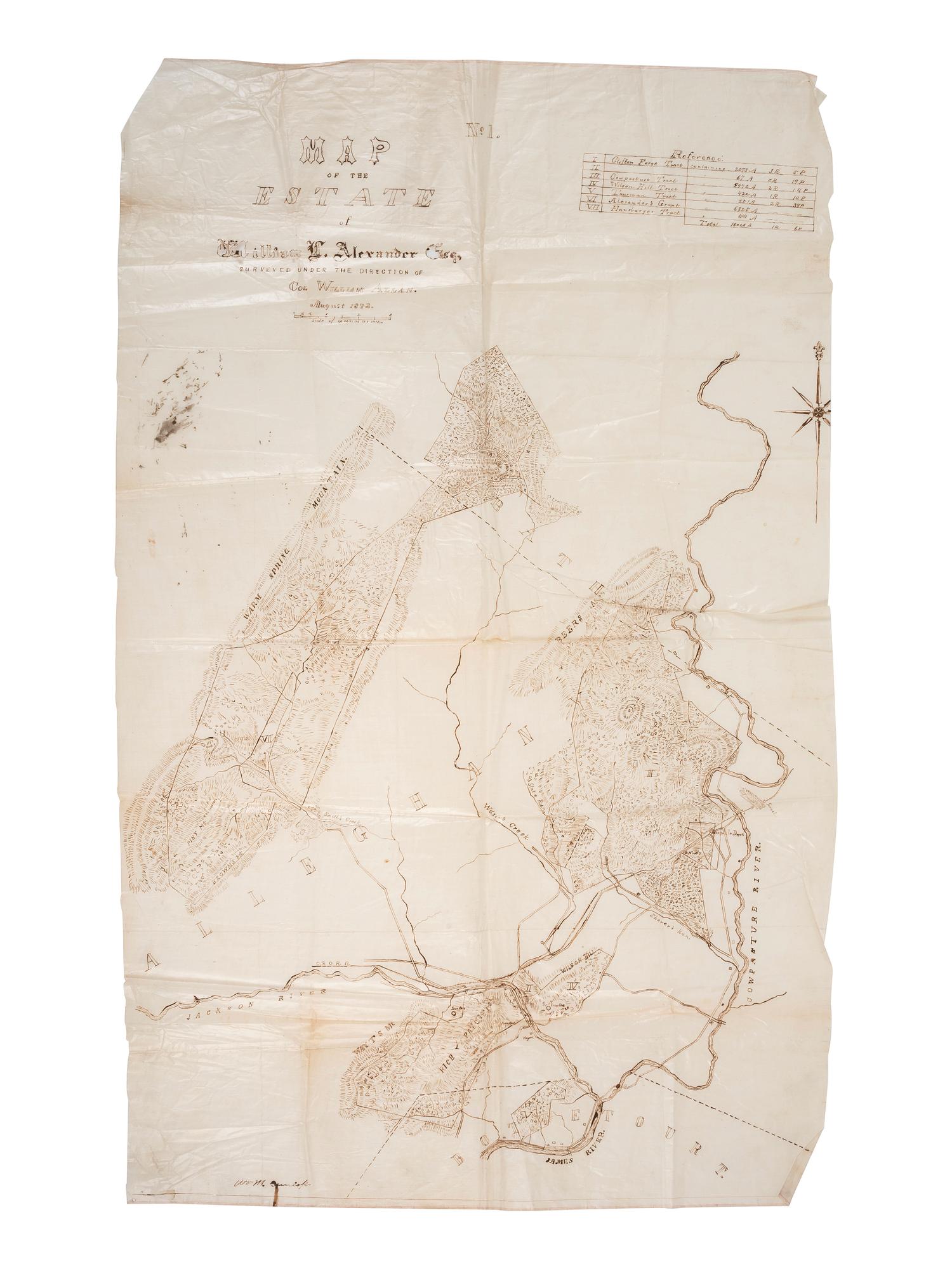 [MAPS & ATLASES]. Manuscript survey report and map of a Virginia estate, August 1872.