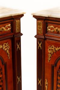 A Pair of Louis XVI Style Gilt Bronze Mounted Parquetry Marble-Top Cabinets