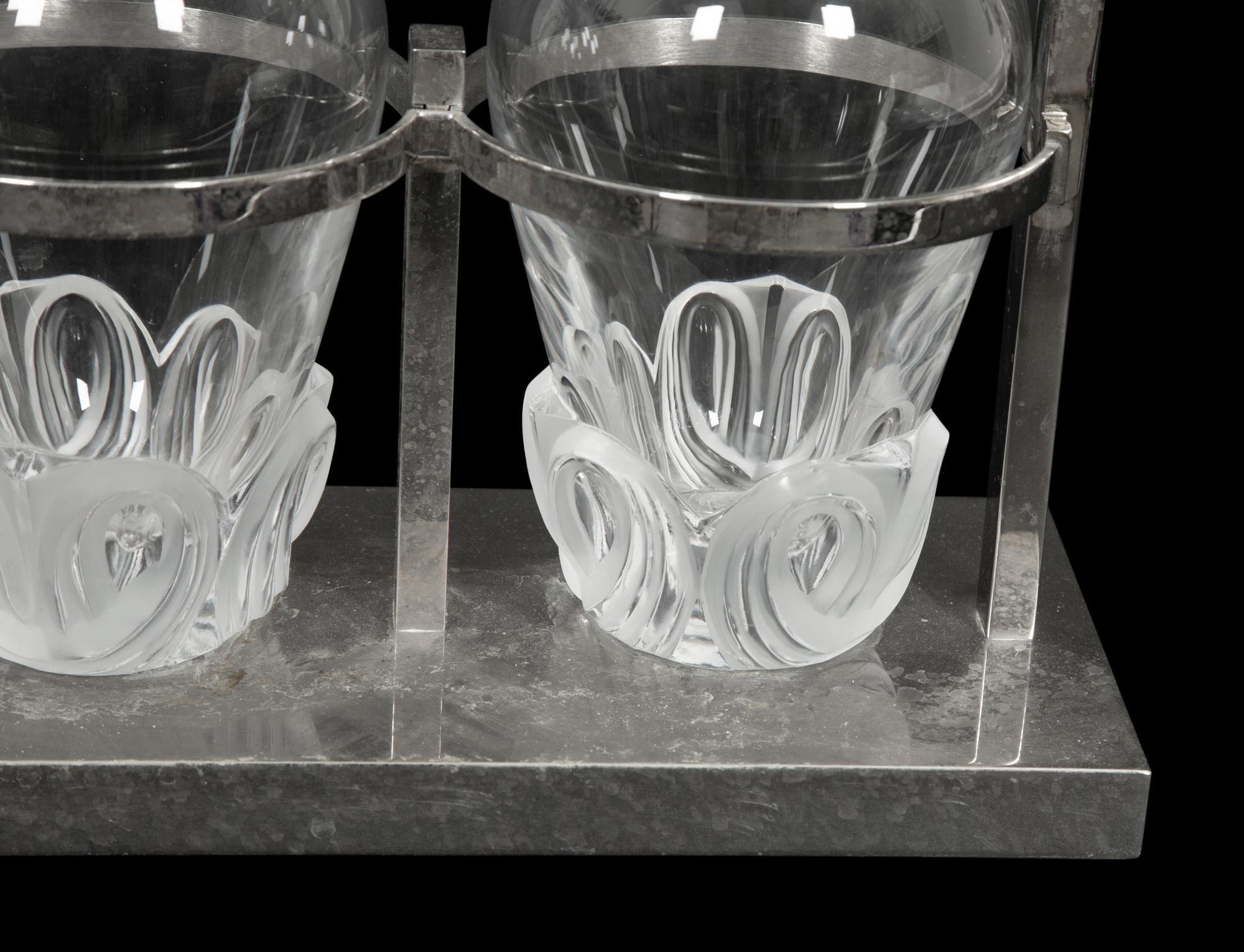 A Lalique Fleurs Silver-Plate and Glass Tantalus