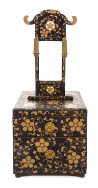 A Japanese Gilt and Black Lacquer Mirror Stand Height 25 1/2 x width 10 3/4 x depth 10 7/8 inches.