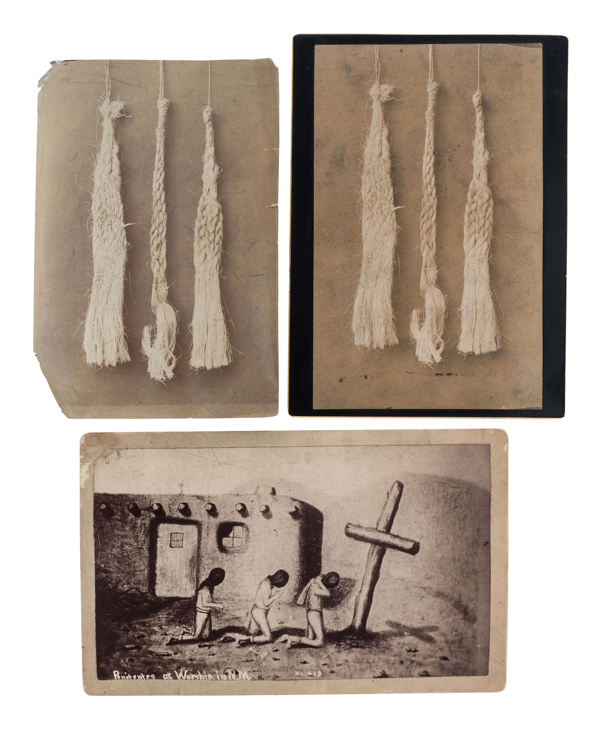 [NEW MEXICO]. A group of 3 photographs, incl. Hermanos Penitentes Whips and Penitentes at Worship . Ca 1890s.