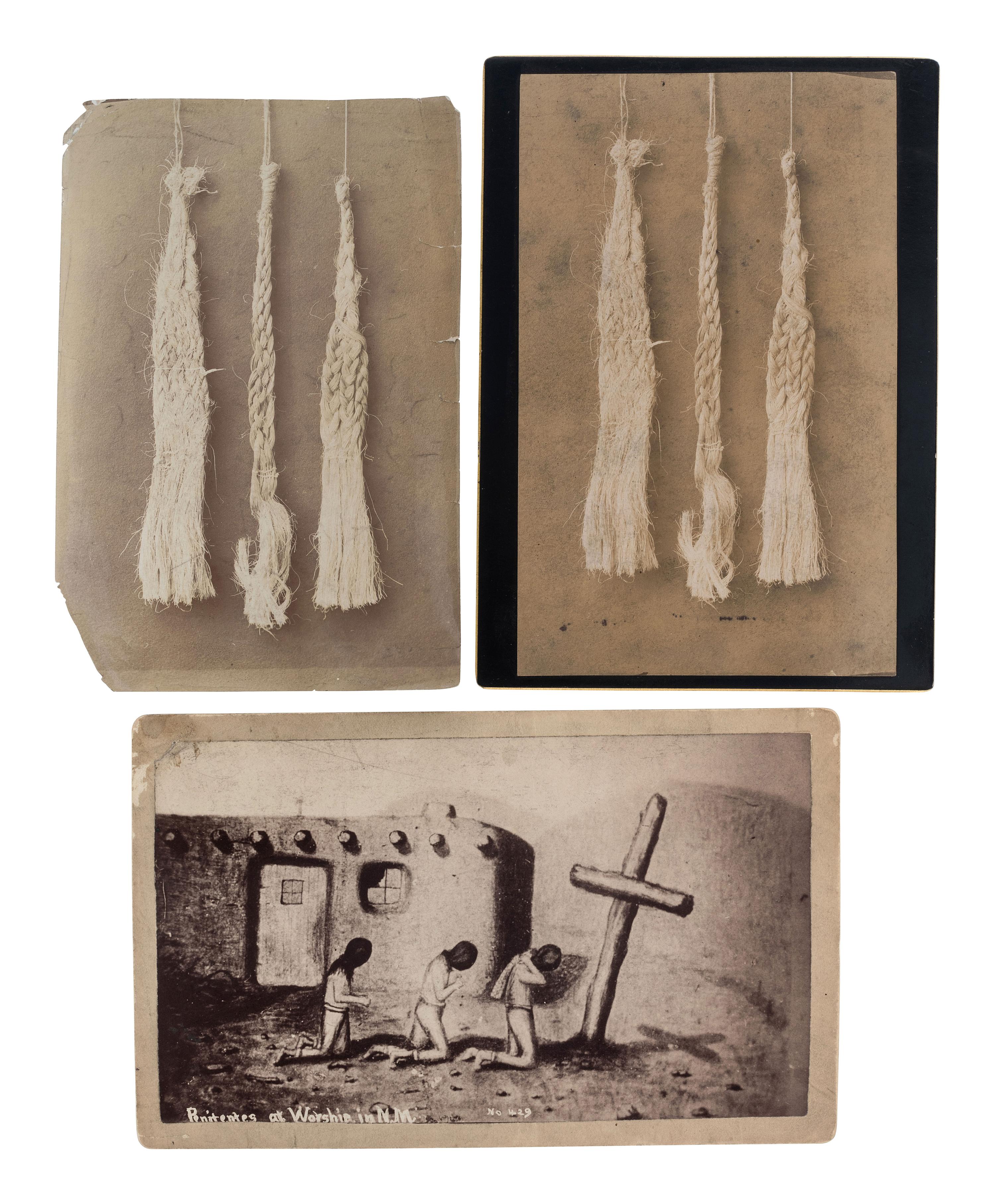 [NEW MEXICO]. A group of 3 photographs, incl. Hermanos Penitentes Whips and Penitentes at Worship . Ca 1890s.