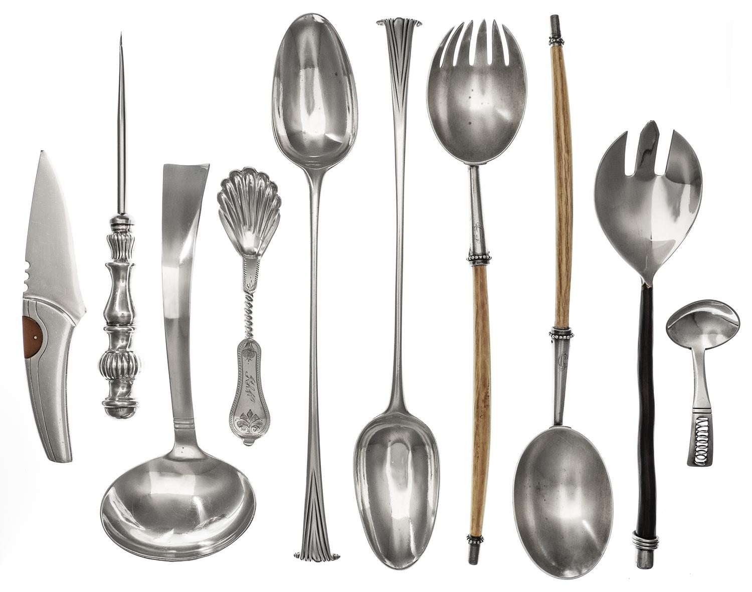 A Collection of Silver and Silver Plate Serving Articles, various makers, comprising two Georgian silver Onslow pattern serving spoons,