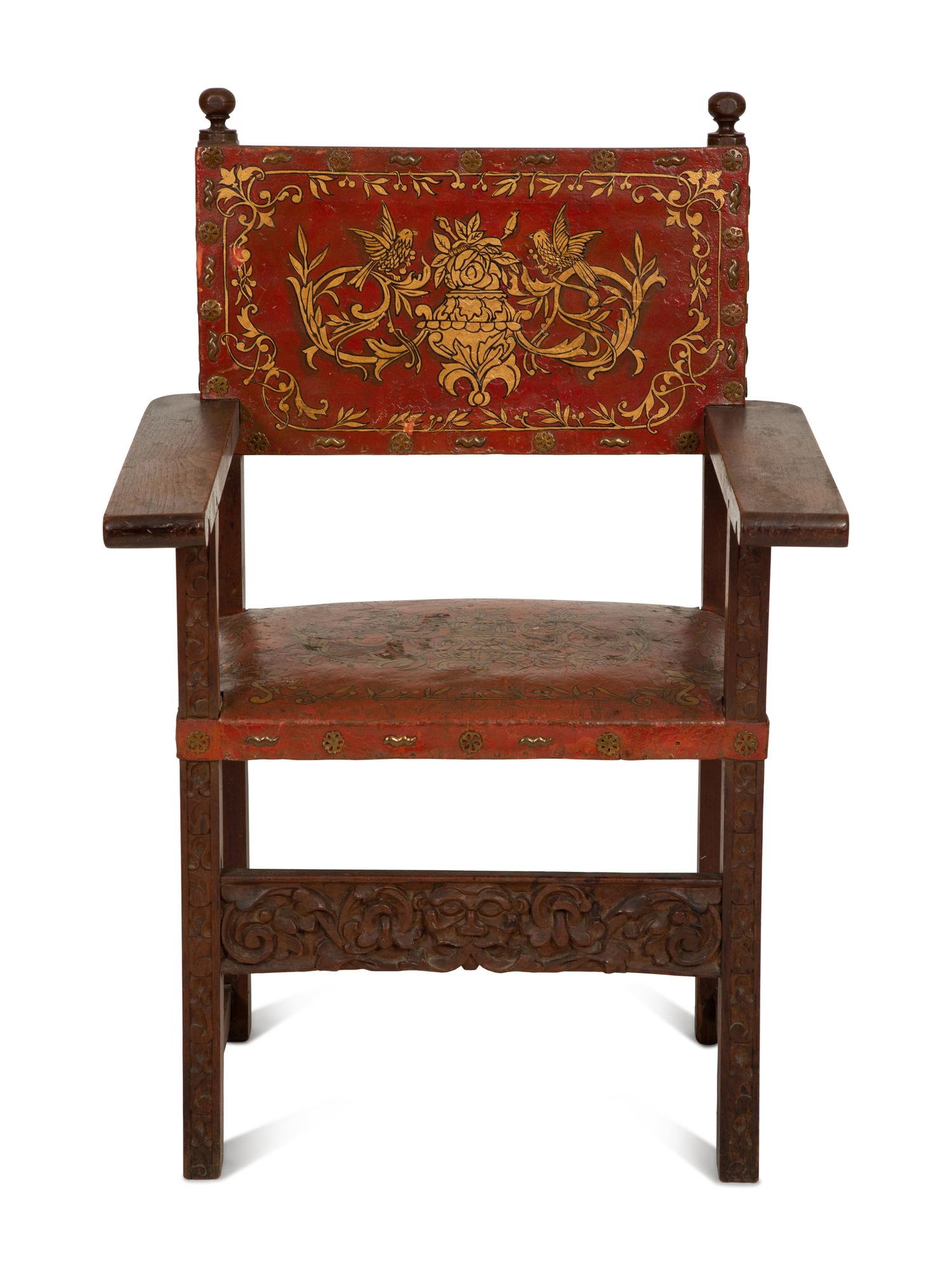 An Italian Baroque Style Carved Oak Open Armchair with Painted Leather Back and Seat