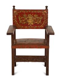 An Italian Baroque Style Carved Oak Open Armchair with Painted Leather Back and Seat