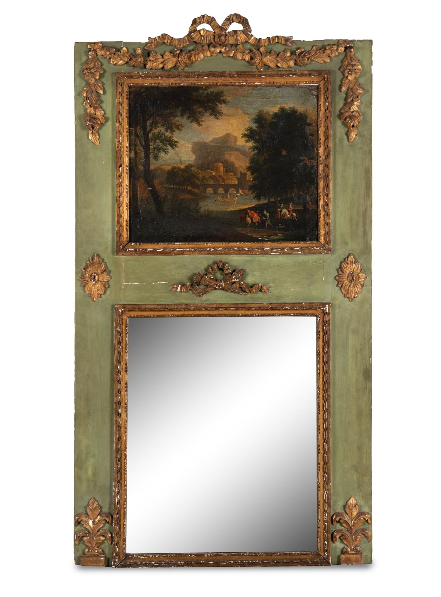 A French Painted and Parcel Gilt Trumeau Mirror