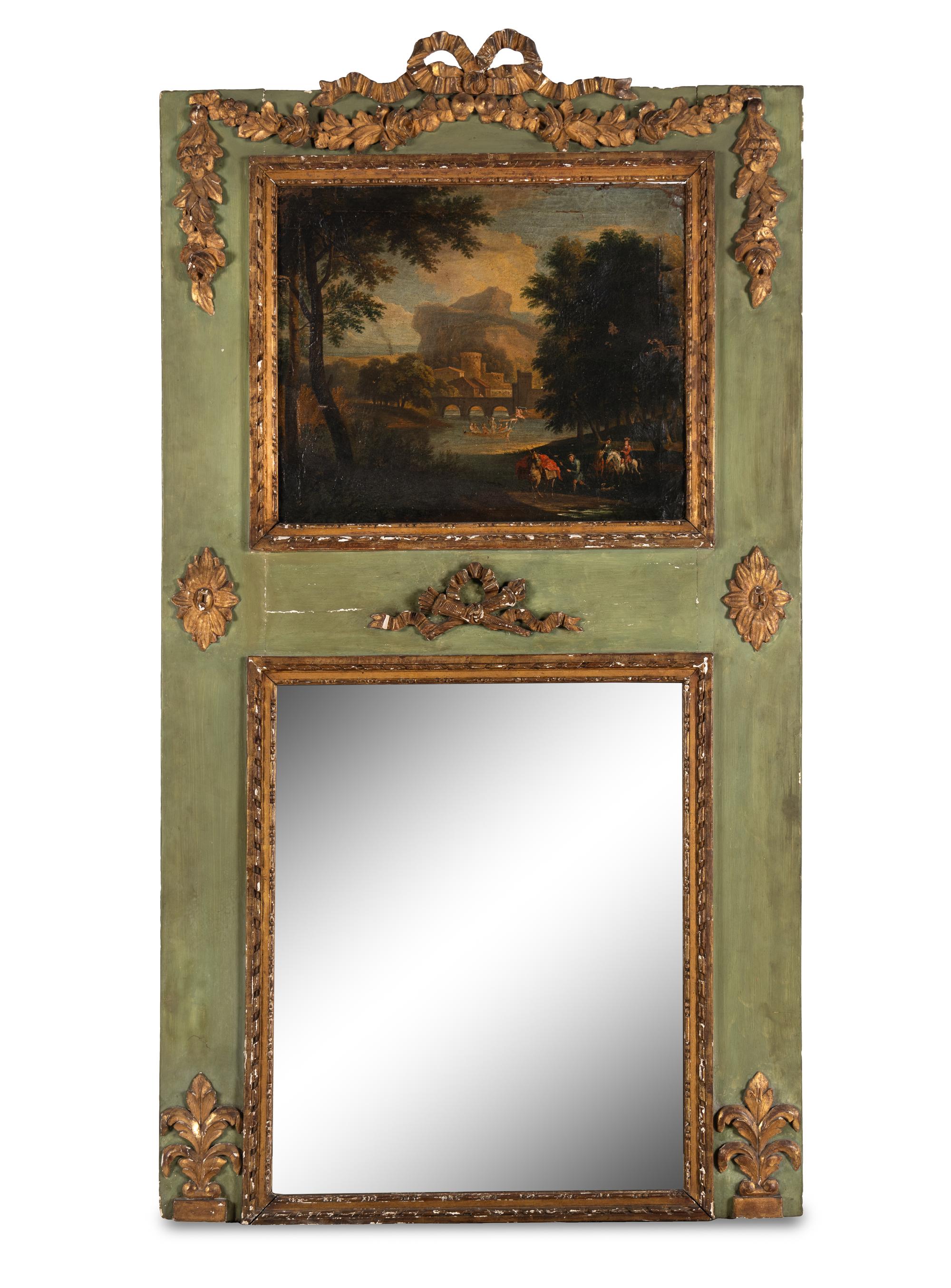 A French Painted and Parcel Gilt Trumeau Mirror