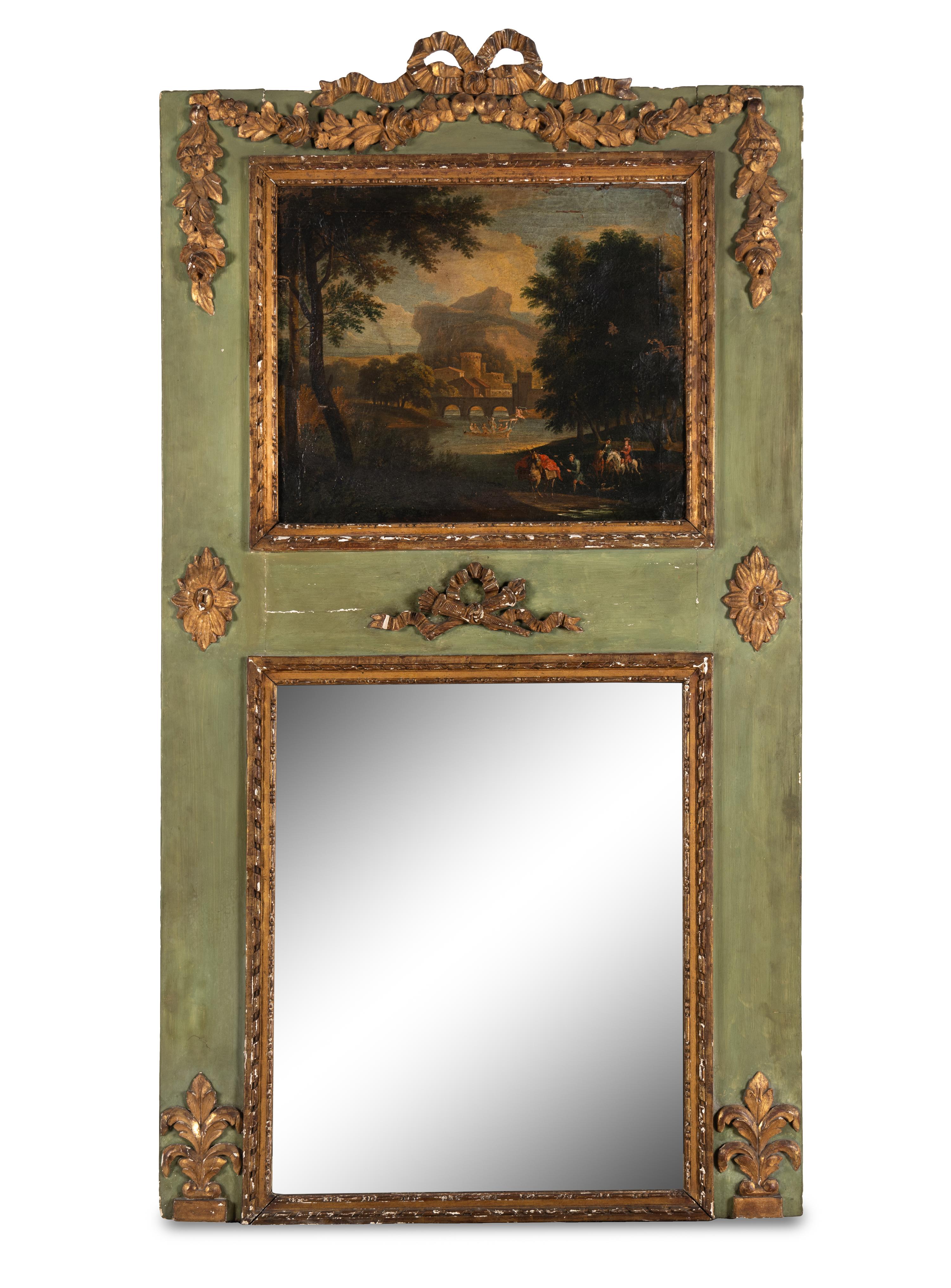 A French Painted and Parcel Gilt Trumeau Mirror