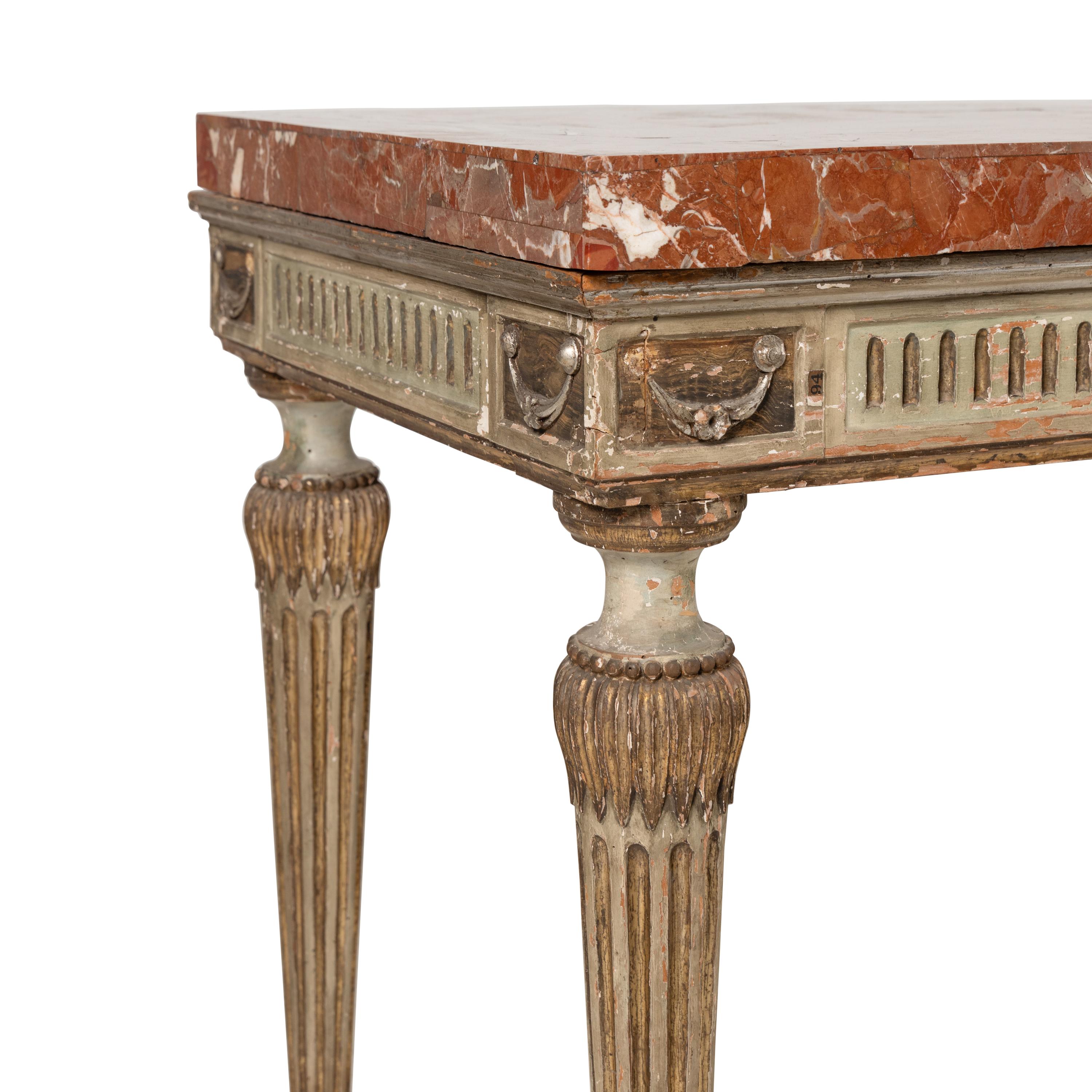 A Pair of Italian Neoclassical Painted and Parcel Gilt Marble-Top Console Tables