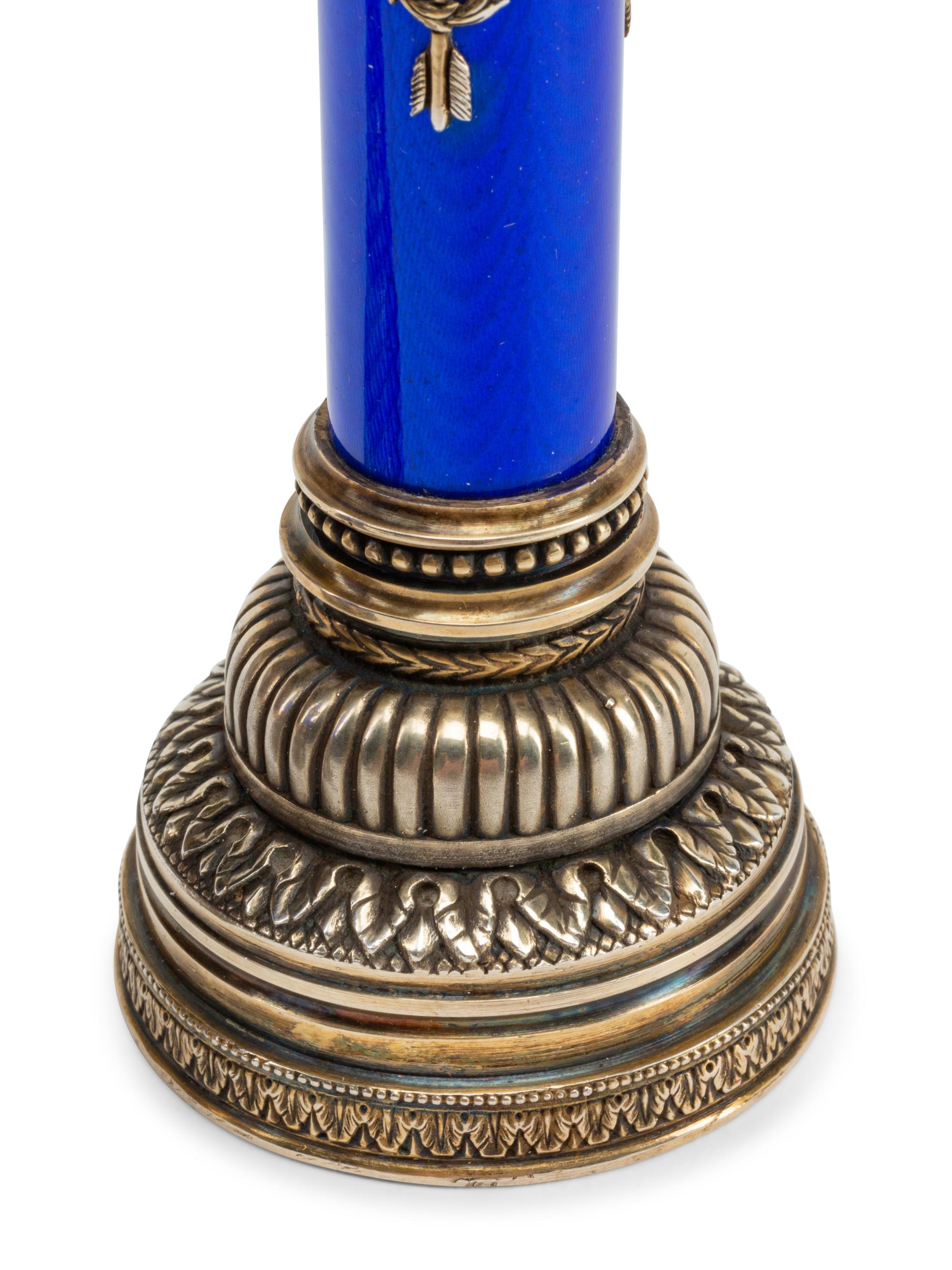 A Pair of Silver and Guilloché Enamel Candlesticks in a Fitted Case