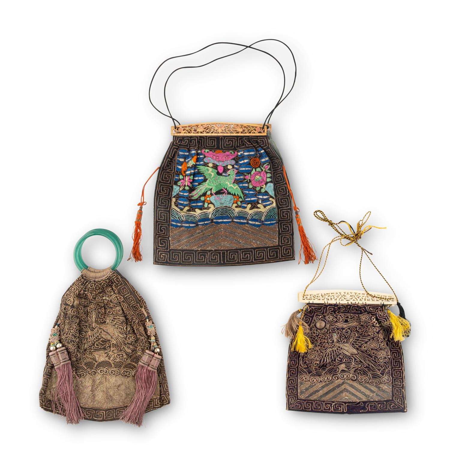 Three Chinese Embroidered Silk Purses