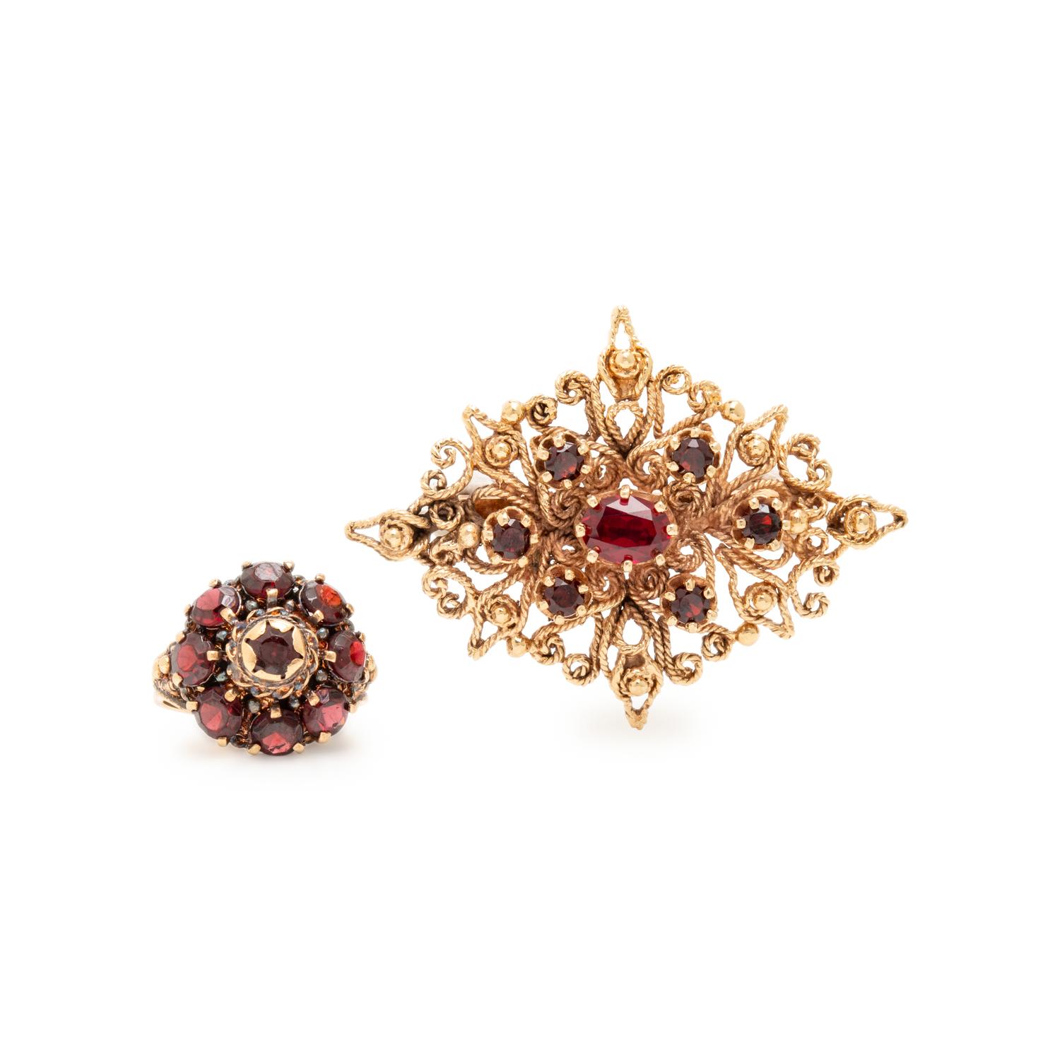Yellow Gold and Multigem Ring and Brooch