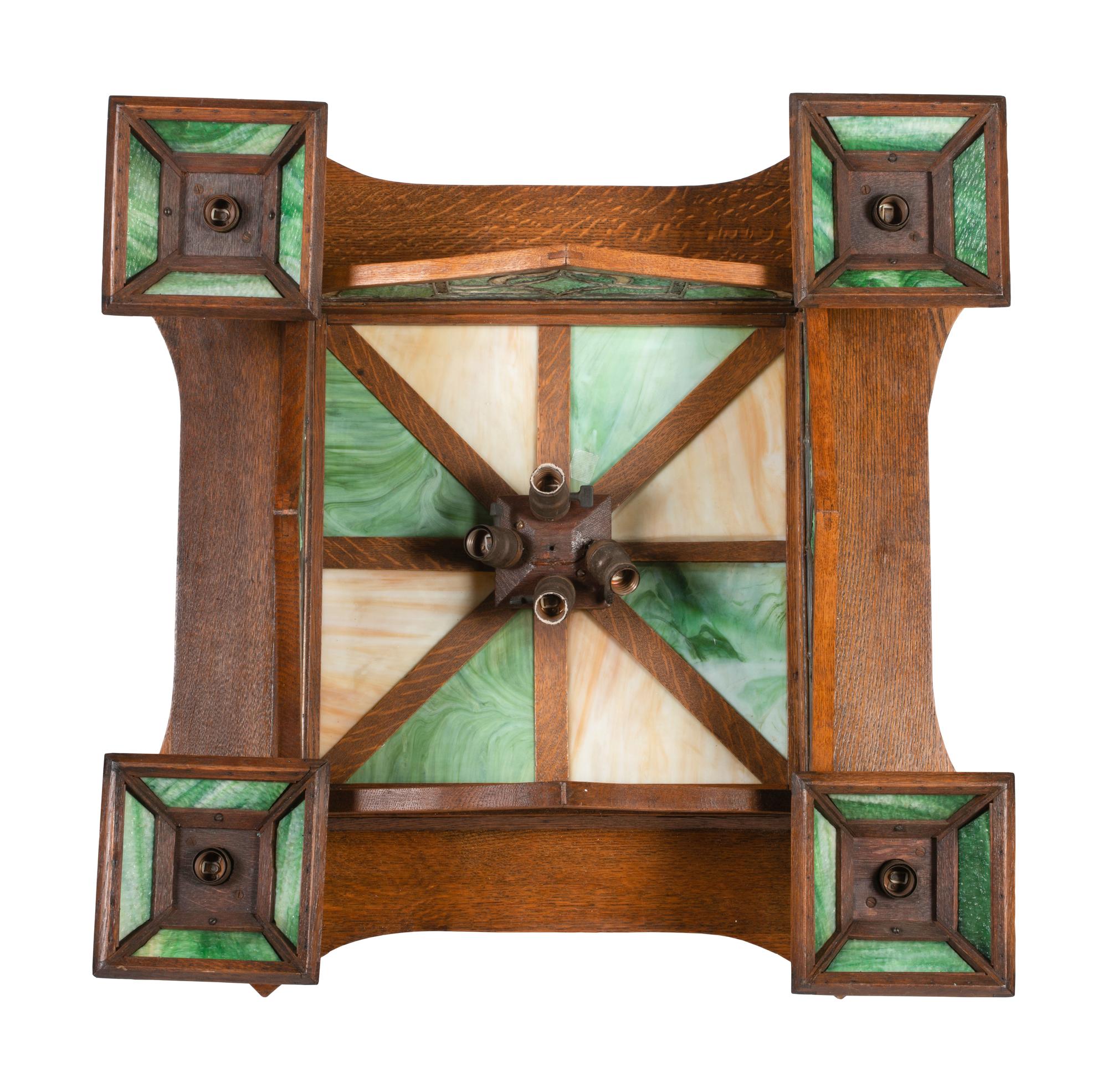 An Oak and Stained Glass Arts and Crafts Hanging Lamp