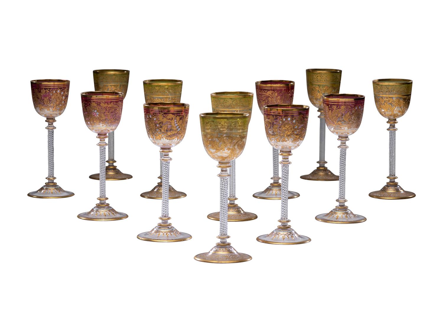 Twelve Gold Overlay Blown Crystal Wine Hocks