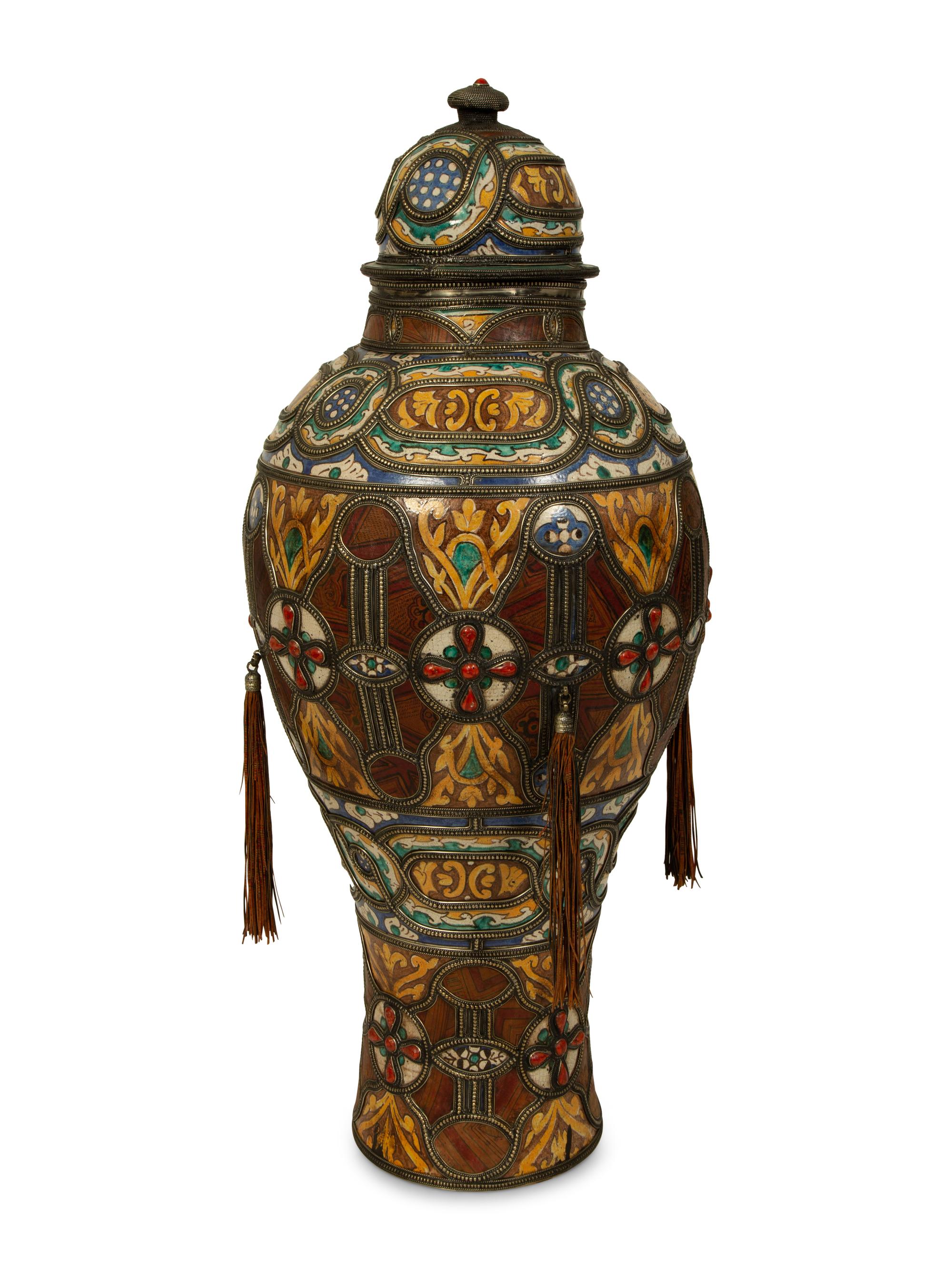 A Large Moroccan Silvered Metal and Hardstone Mounted Ceramic Urn — 20TH CENTURY