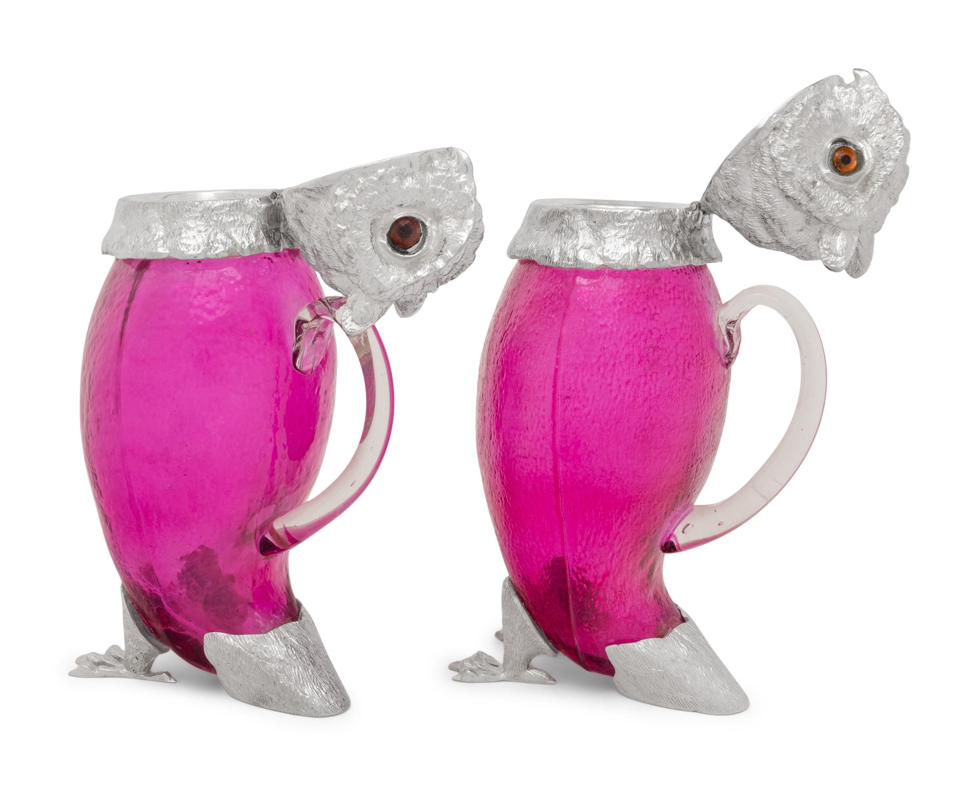 A Pair of Silver-Plate and Pink Glass Owl Decanters