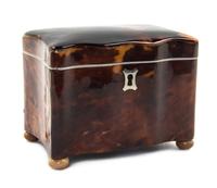 An English Tortoise Shell Tea Caddy, Height 3 3/4 x width 4 1/2 x depth 3 inches.