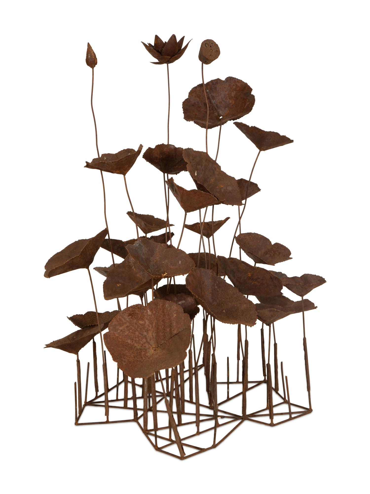 A Metal Multi-Headed Water Lily Sculpture