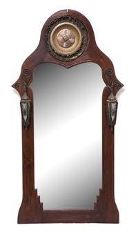 An Art Deco Style Stained Oak and Wrought Iron Mounted Hall Mirror Height 60 1/2 x width 32 inches. — EARLY 20TH CENTURY