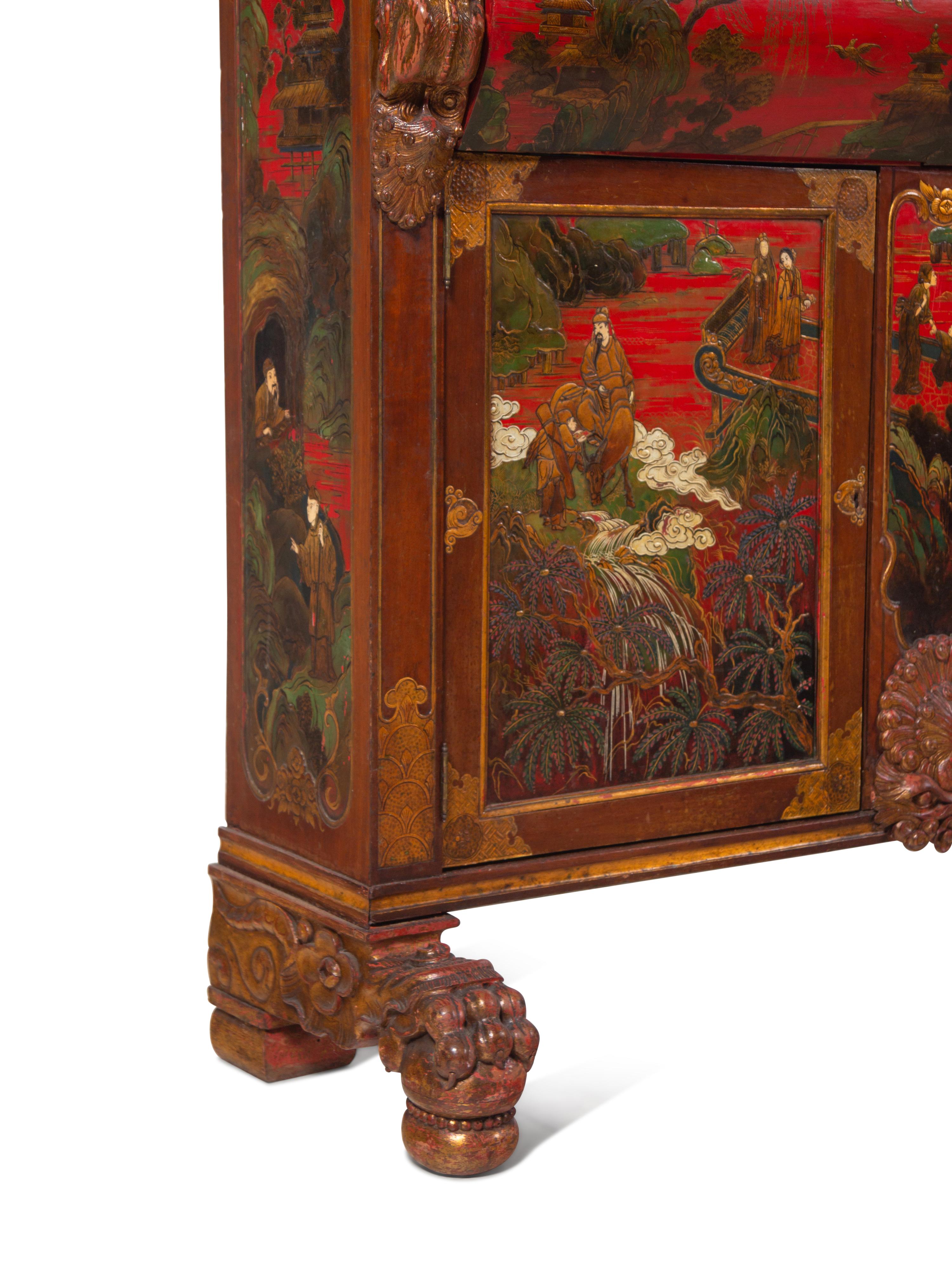 A Georgian Style Red Lacquered and Chinoiserie Decorated Secretary Bookcase