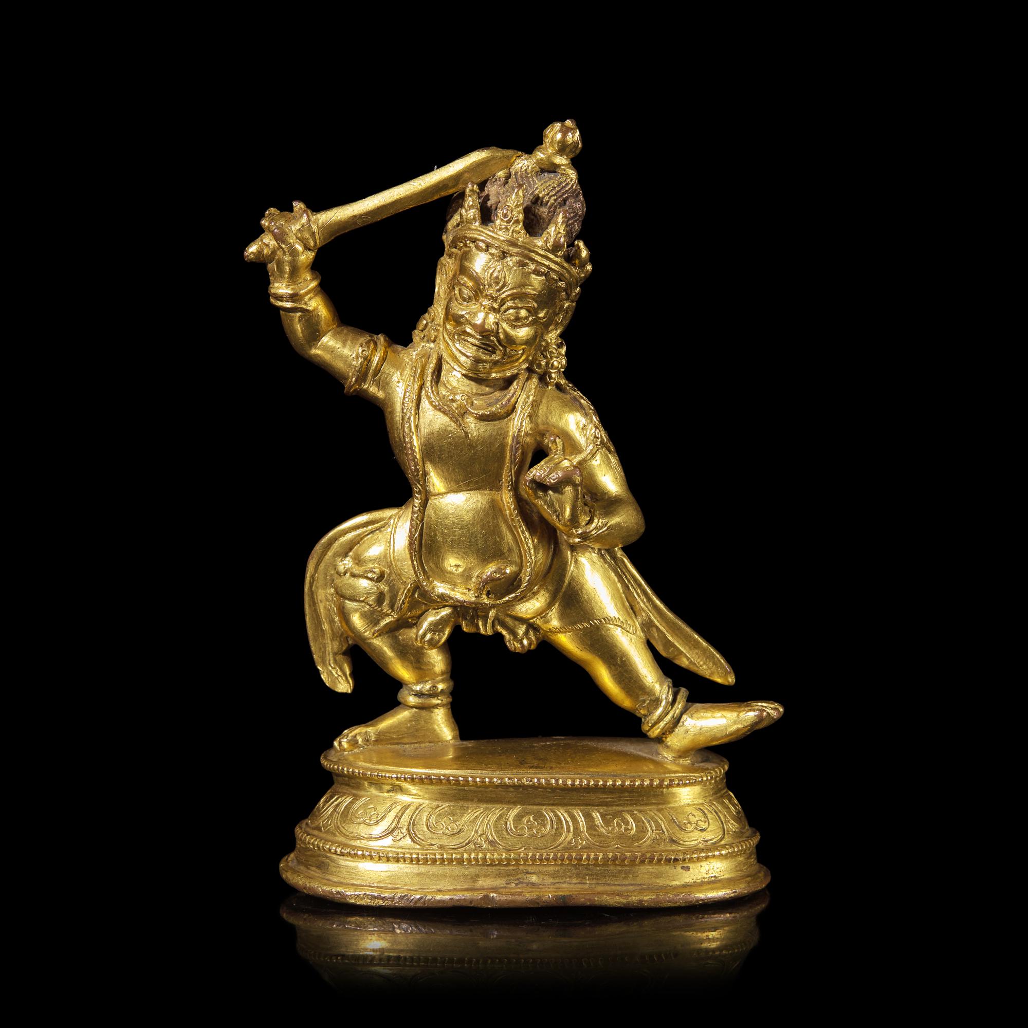 A Tibetan Gilt Bronze Figure of Mahakala, 16th/17th Century 十六/十七世紀 藏傳佛教銅鎏金大黑天