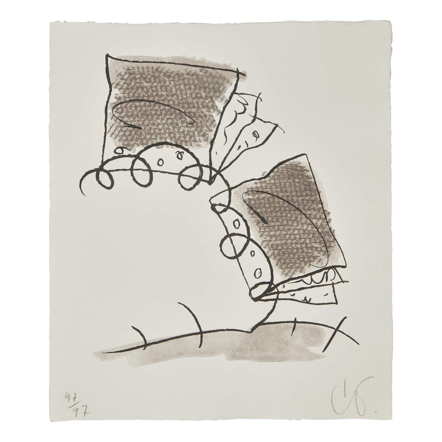 Claes Oldenburg (American, 1929-2022) — A pair of prints (The Spitzhacke, 1982, Superimposed on a Drawing of the Site by Emil Ludwig Grimm, 1822, 1982; Notebook Torn in Half , 1997)