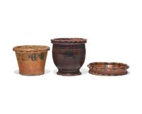 Two Glazed and Incised Redware Flower Pots and a Flower Pot Saucer, Willoughby Smith, Womelsdorf, Pennsylvania, and Others, Late 19th Century