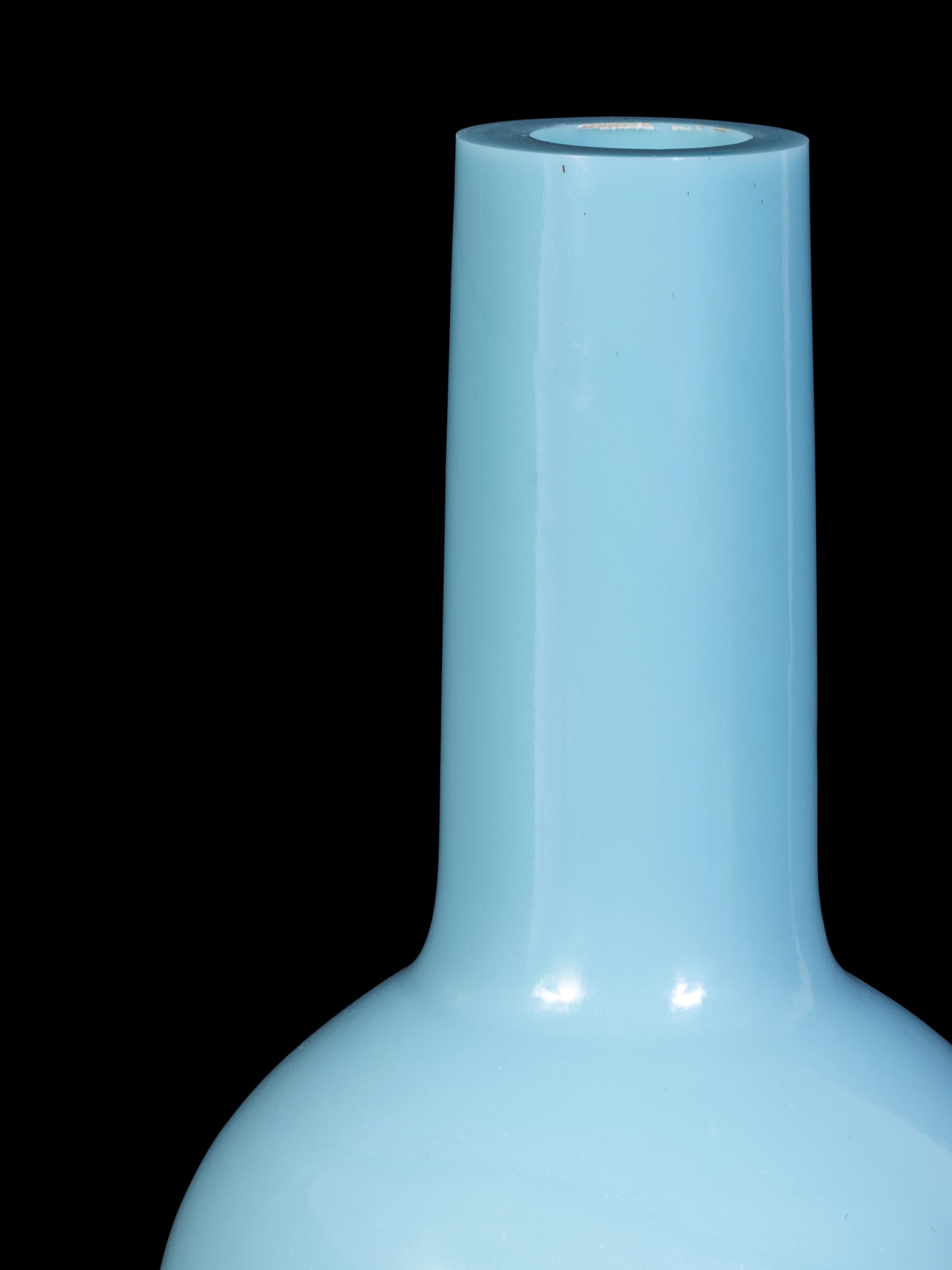 A Large Chinese Opaque Pale Blue Glass Bottle Vase