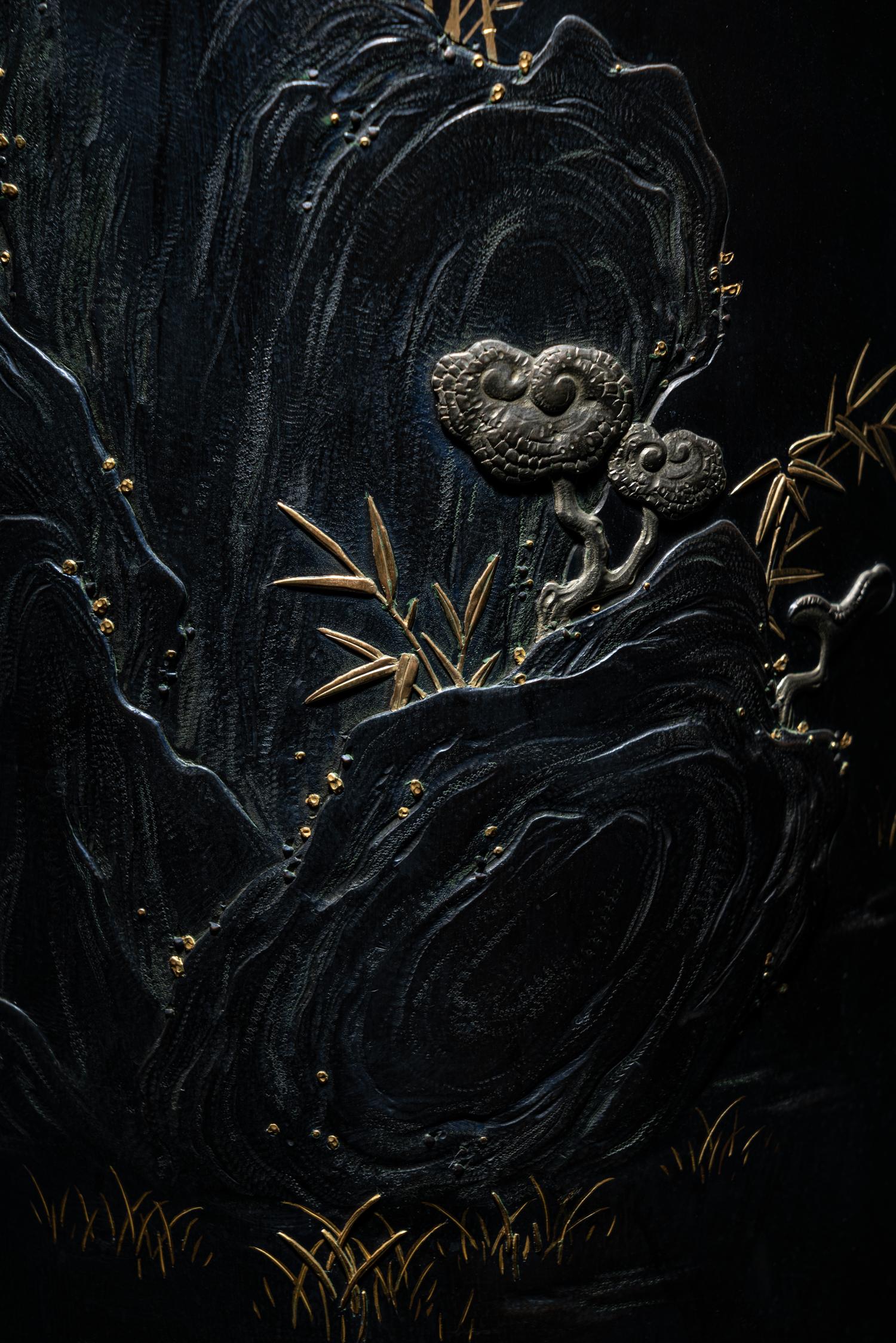 A Japanese Parcel Gilt Decorated Engraved Shakudo Flower Vase