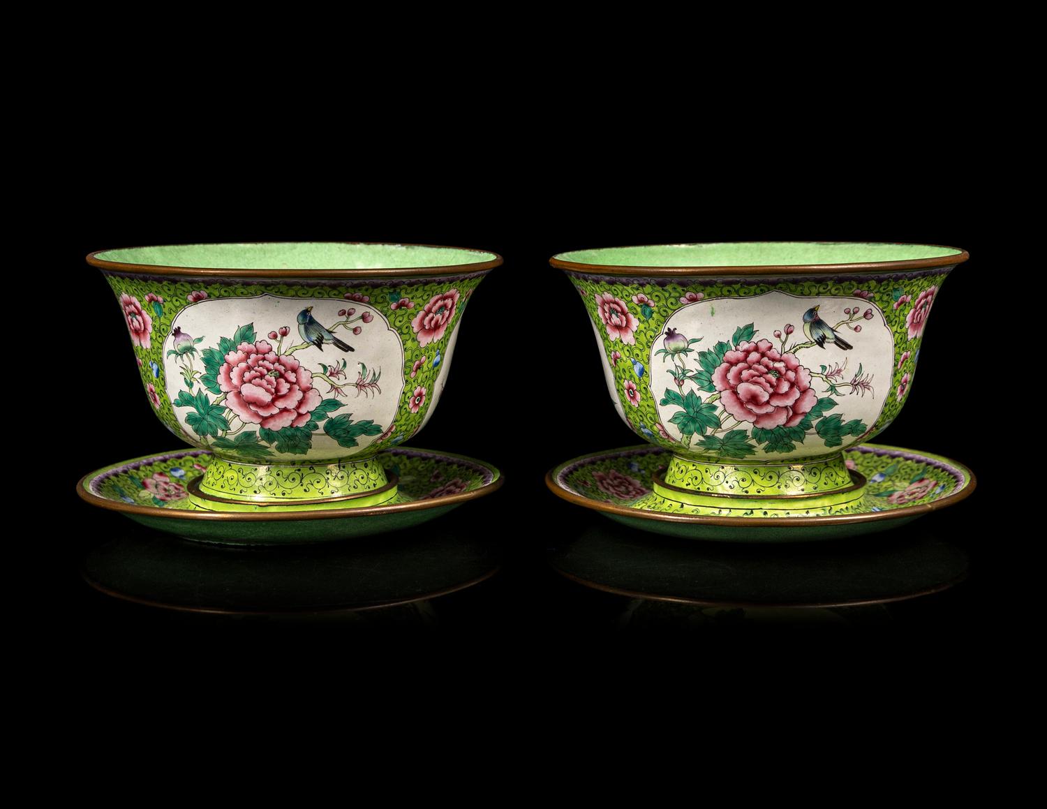 A Pair of Chinese Canton Enamel on Copper Bowls and Stands