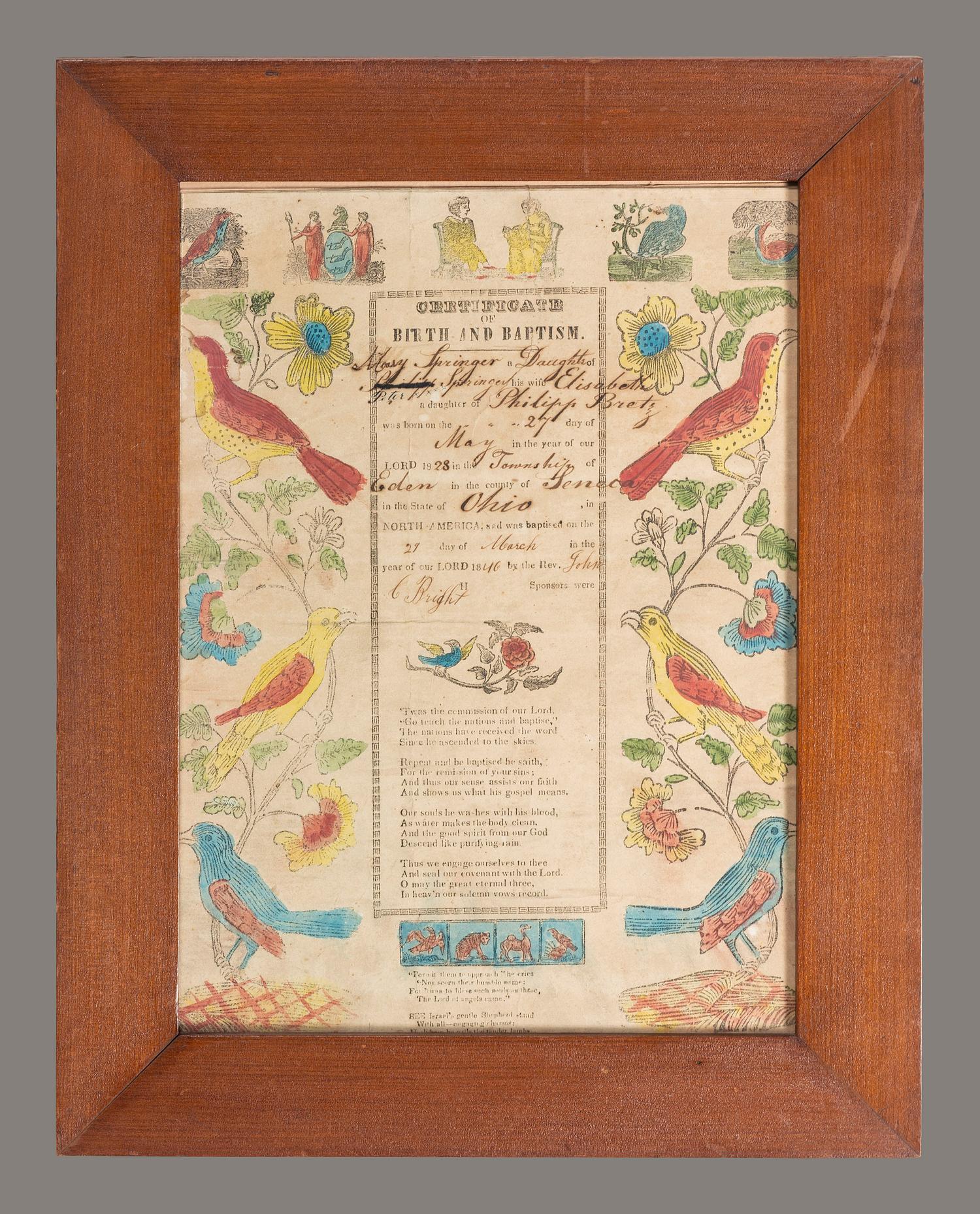 A Birth and Baptism Partially Printed and Watercolor Decorated Fraktur