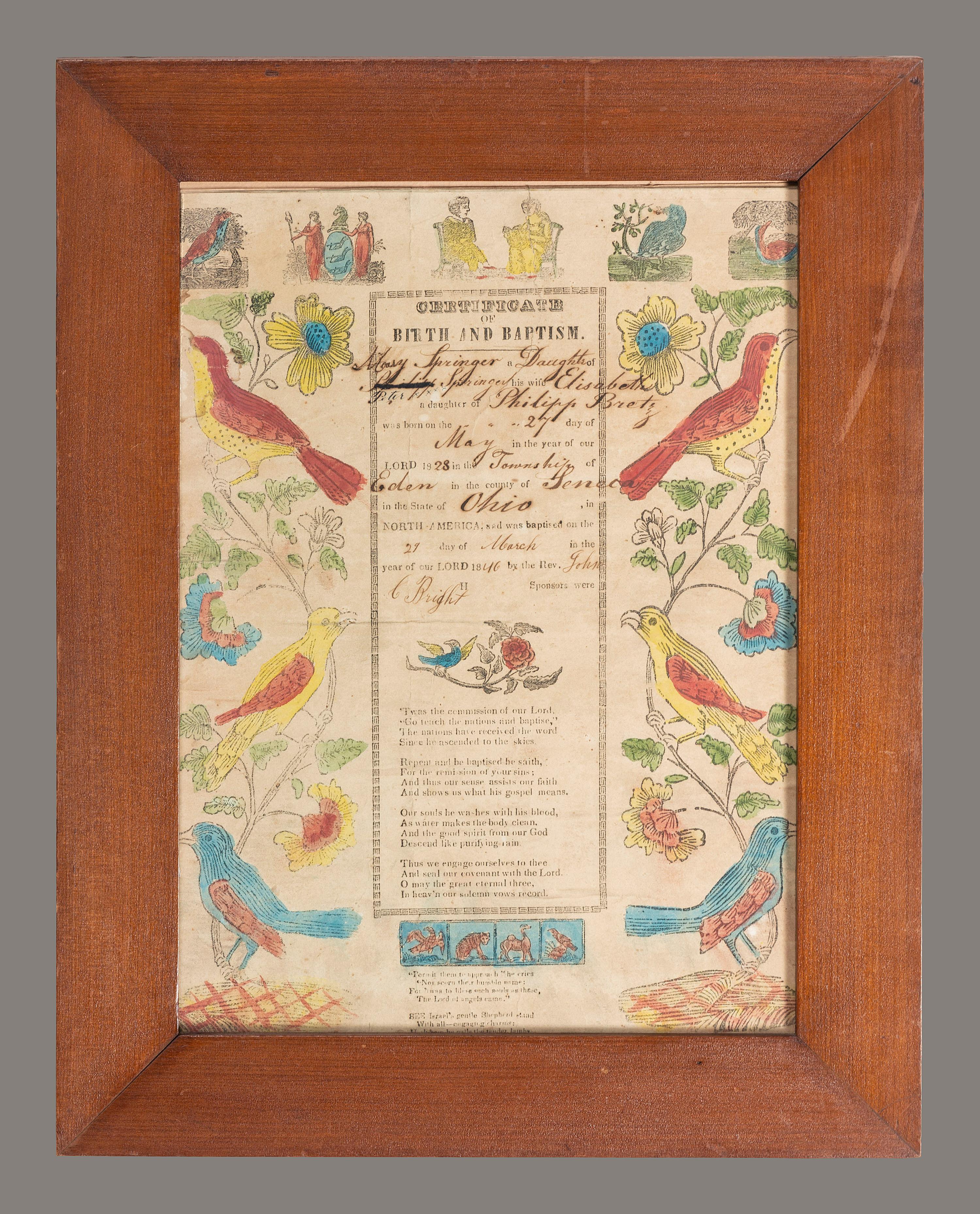 A Birth and Baptism Partially Printed and Watercolor Decorated Fraktur