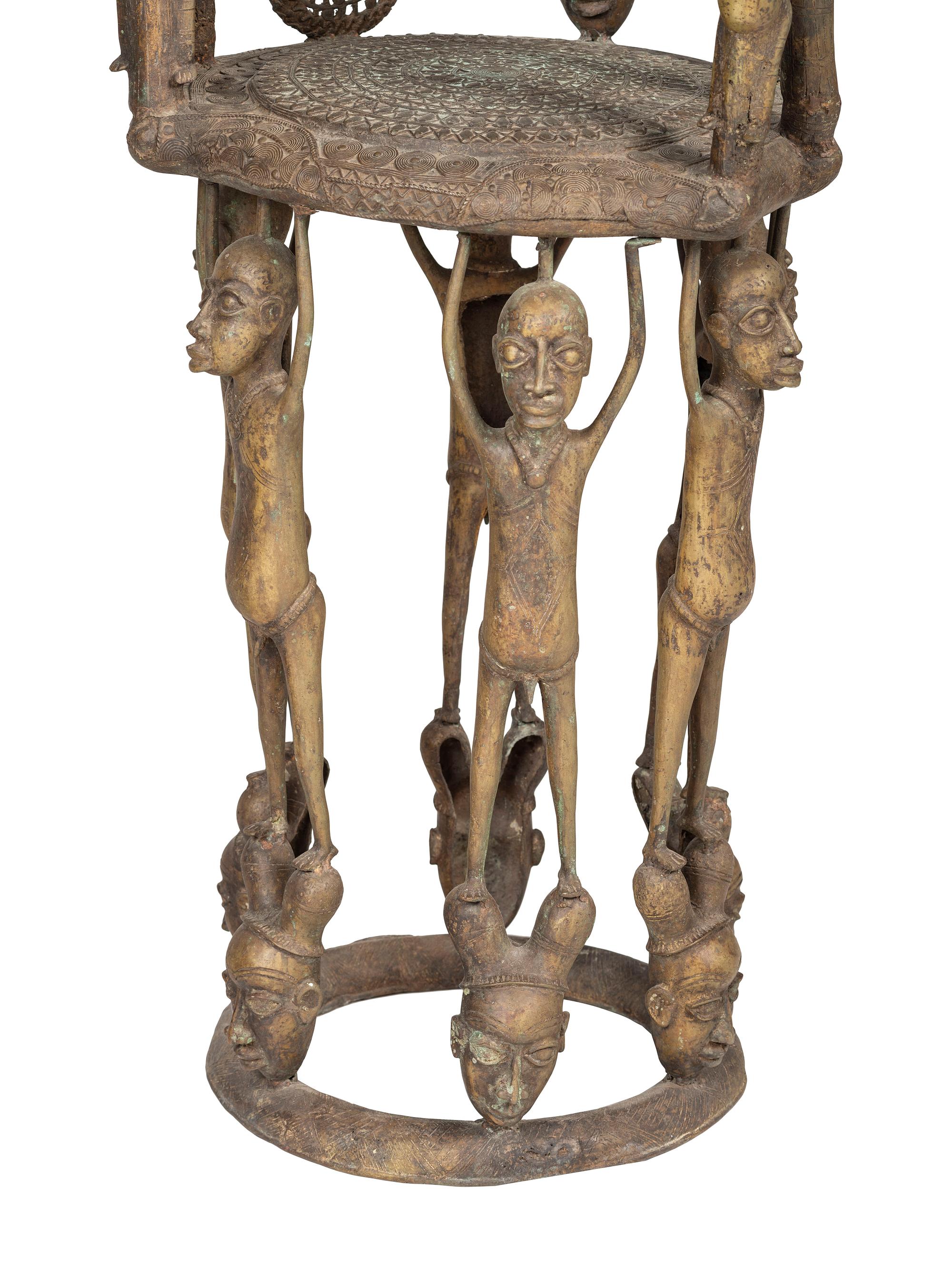 Two Benin Bronze Figural Throne Chairs