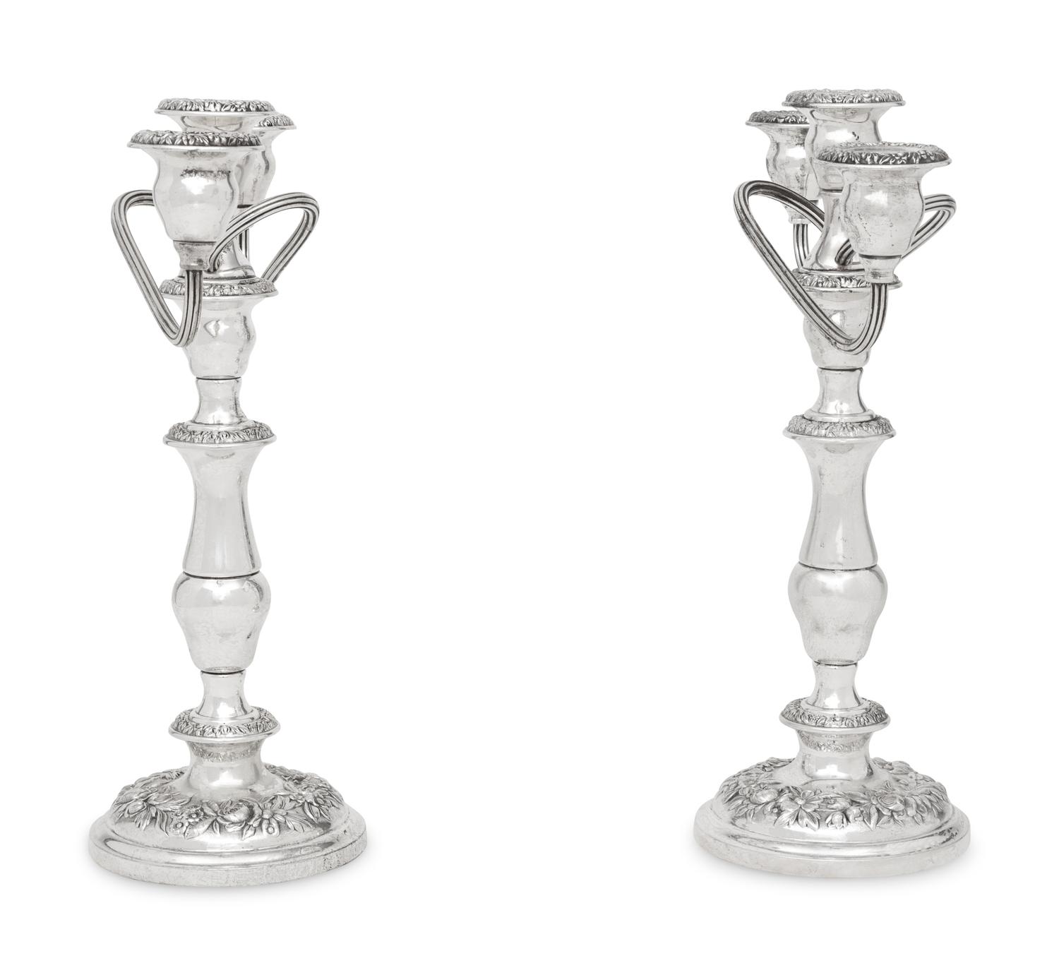 A Pair of American Silver Repoussé Three-Light Candelabra