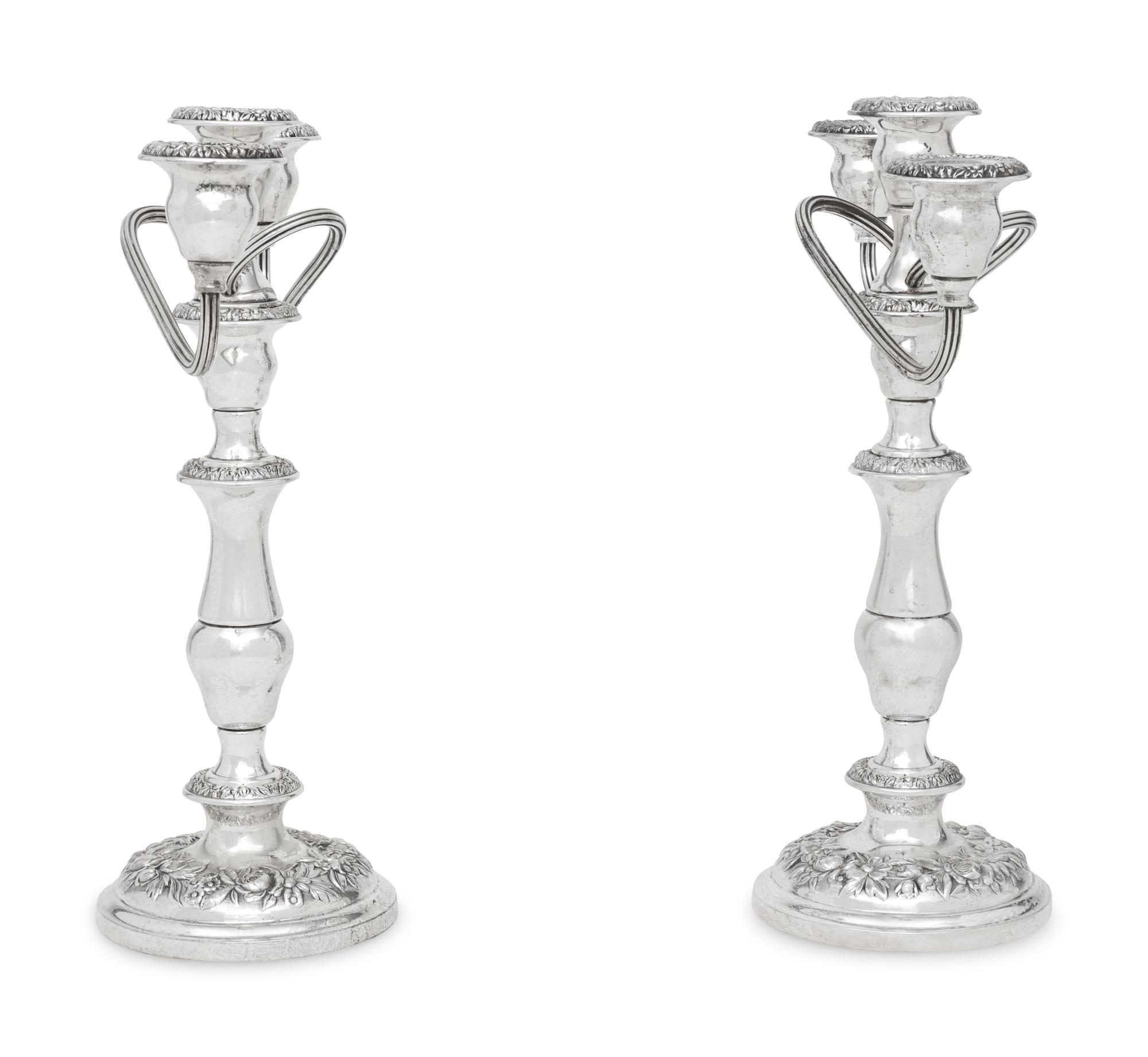 A Pair of American Silver Repoussé Three-Light Candelabra