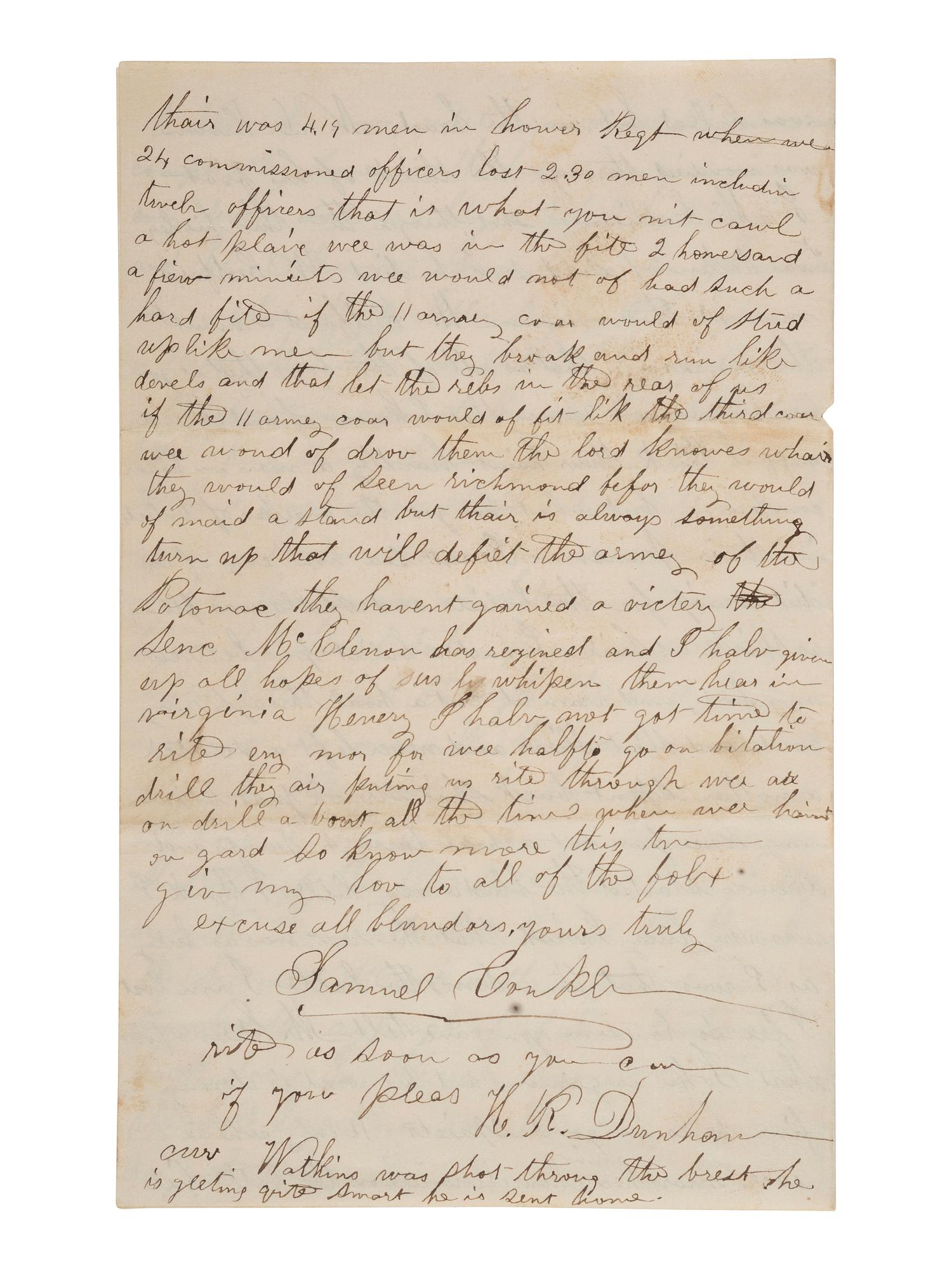 [CIVIL WAR]. Soldier's letter from Samuel Conklin, 141st PA Vols, recounting his and others' wounds sustained at the Battle of Chancellorsville. 20 May 1863.
