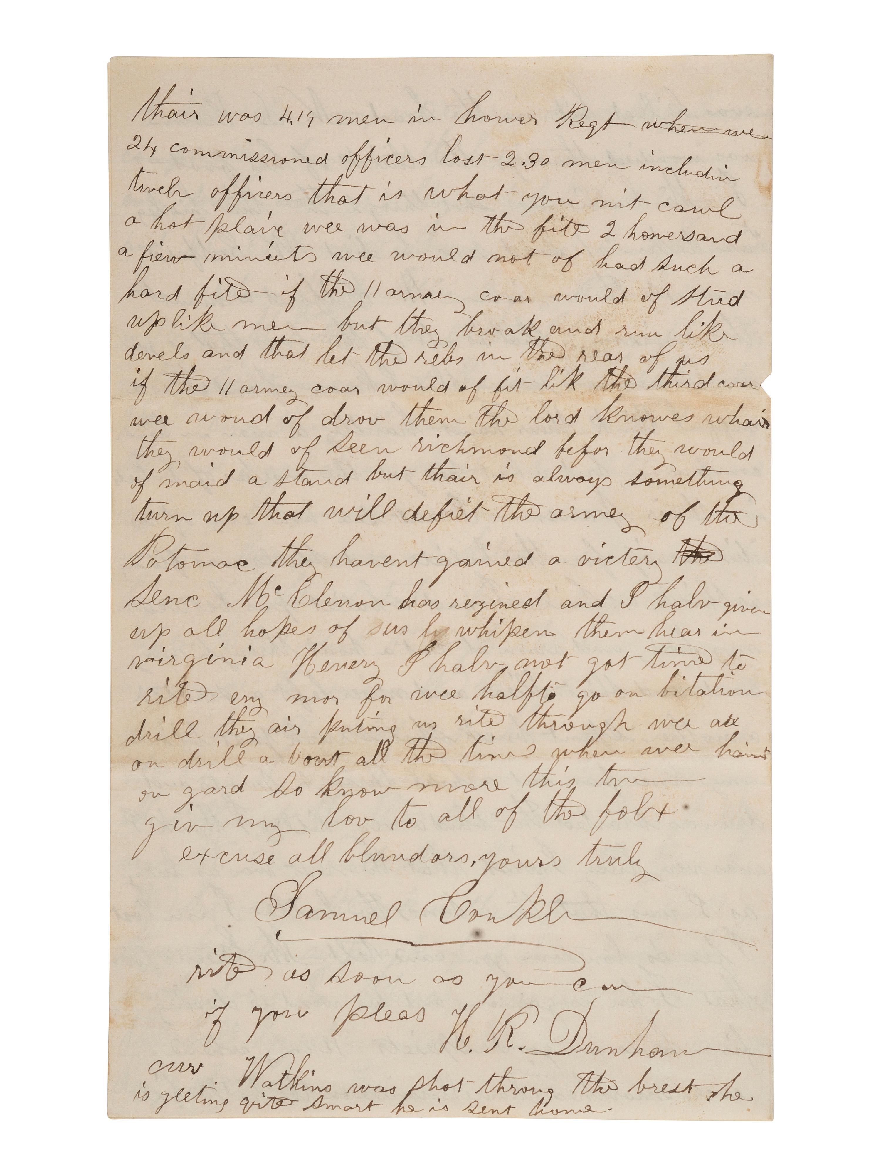 [CIVIL WAR]. Soldier's letter from Samuel Conklin, 141st PA Vols, recounting his and others' wounds sustained at the Battle of Chancellorsville. 20 May 1863.