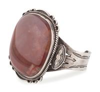 Fred Harvey Era Navajo Stamped Silver Cuff Bracelet, with Petrified Wood Cabochon