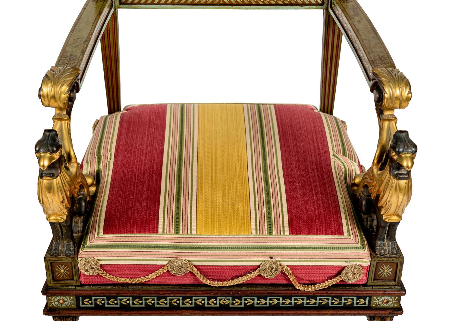 A Pair of North Italian Neoclassical Bronze Mounted Polychrome Painted Armchairs