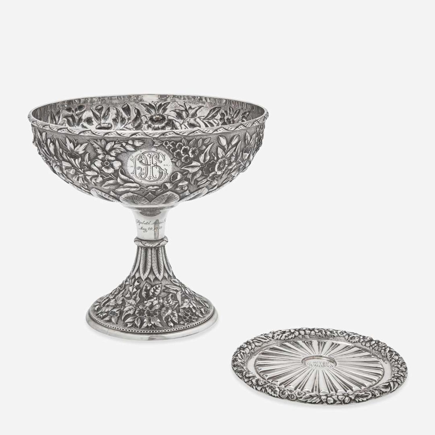 A sterling silver floral repoussé footed bowl and stand Peter L. Krider Co., Philadelphia, PA and Gorham Mfg. Co., Providence, RI, dated "1878," and 1897-1899, respectively