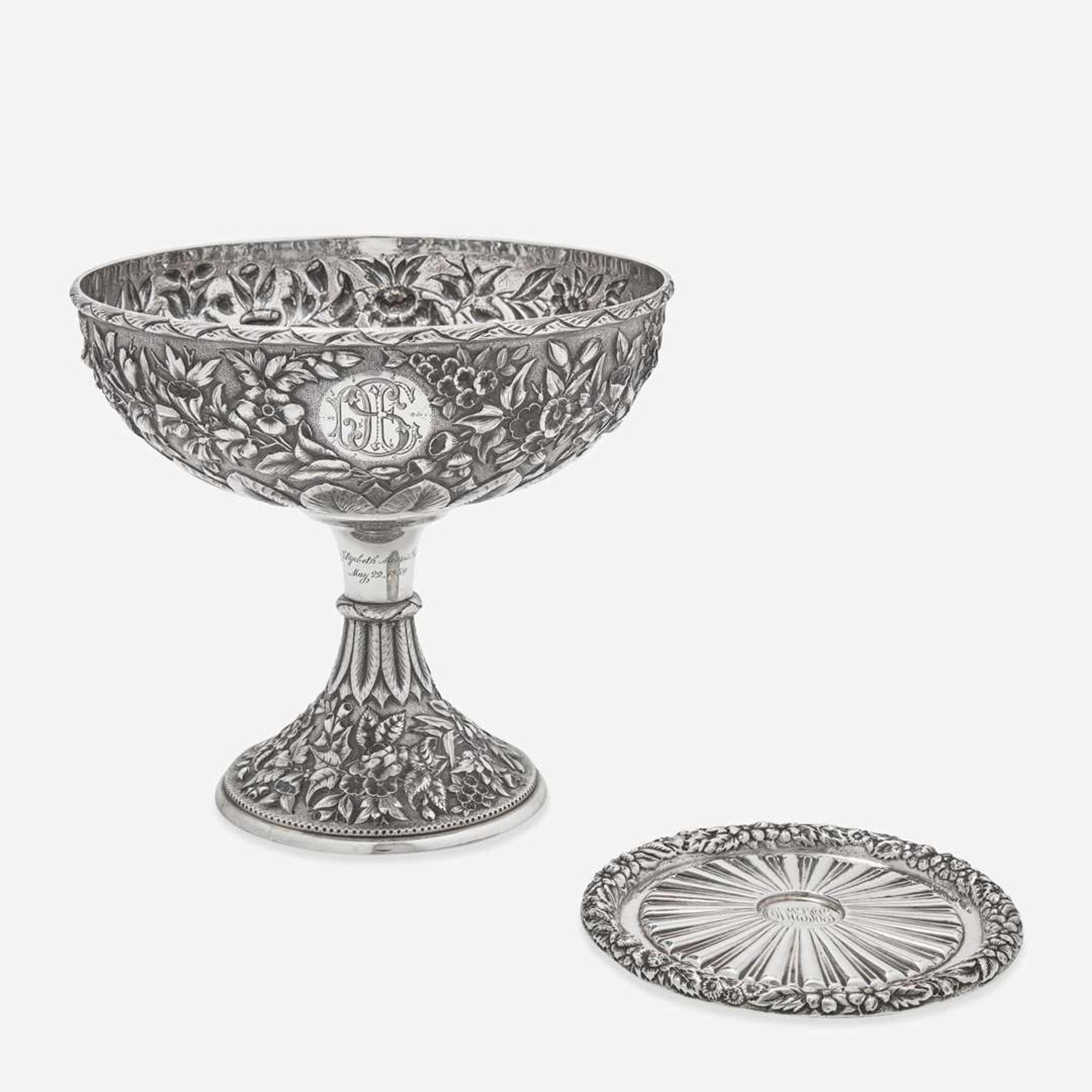 A sterling silver floral repoussé footed bowl and stand Peter L. Krider Co., Philadelphia, PA and Gorham Mfg. Co., Providence, RI, dated "1878," and 1897-1899, respectively