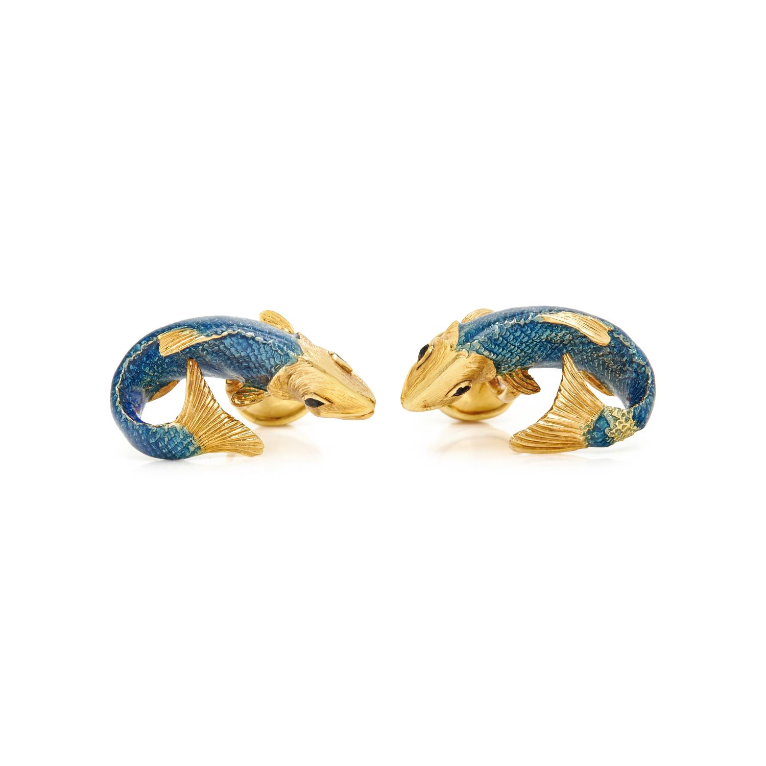 TIFFANY & CO., YELLOW GOLD AND ENAMEL FISH CUFFLINKS