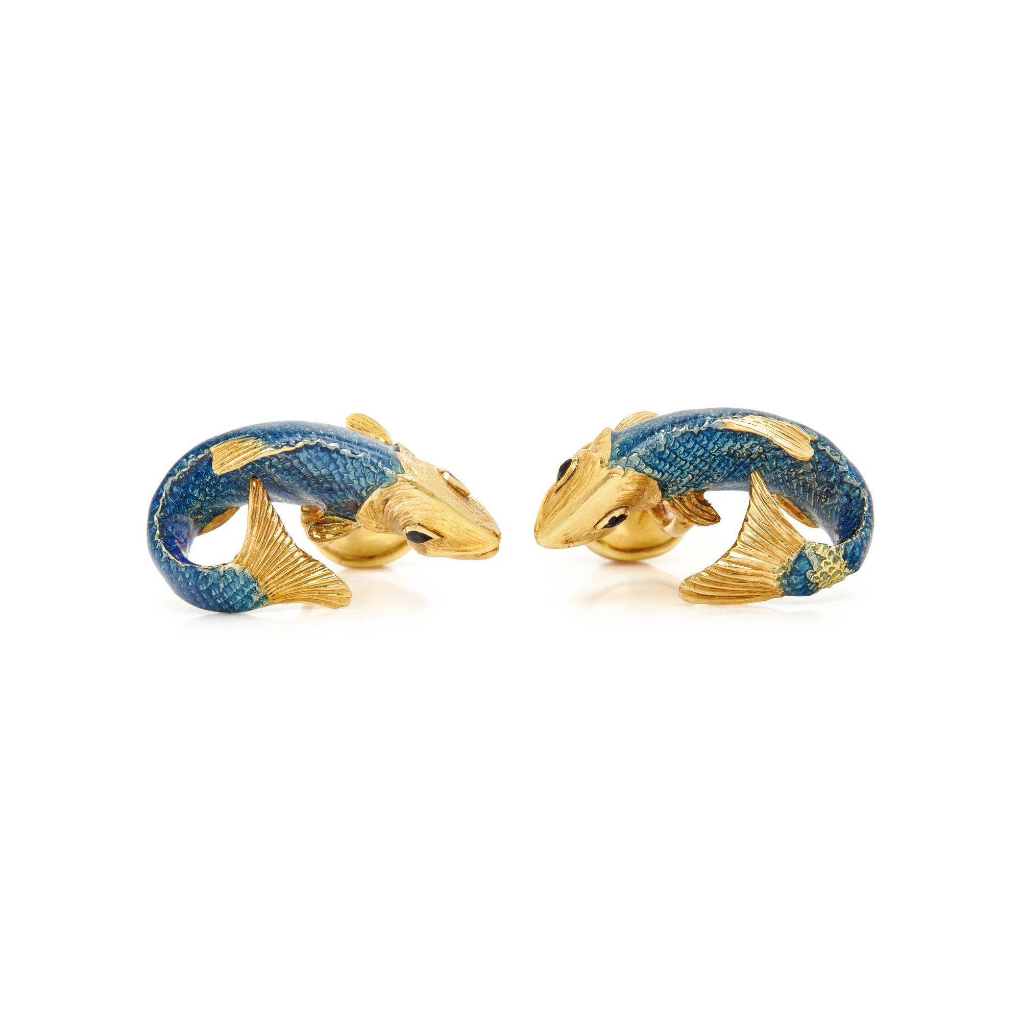 TIFFANY & CO., YELLOW GOLD AND ENAMEL FISH CUFFLINKS