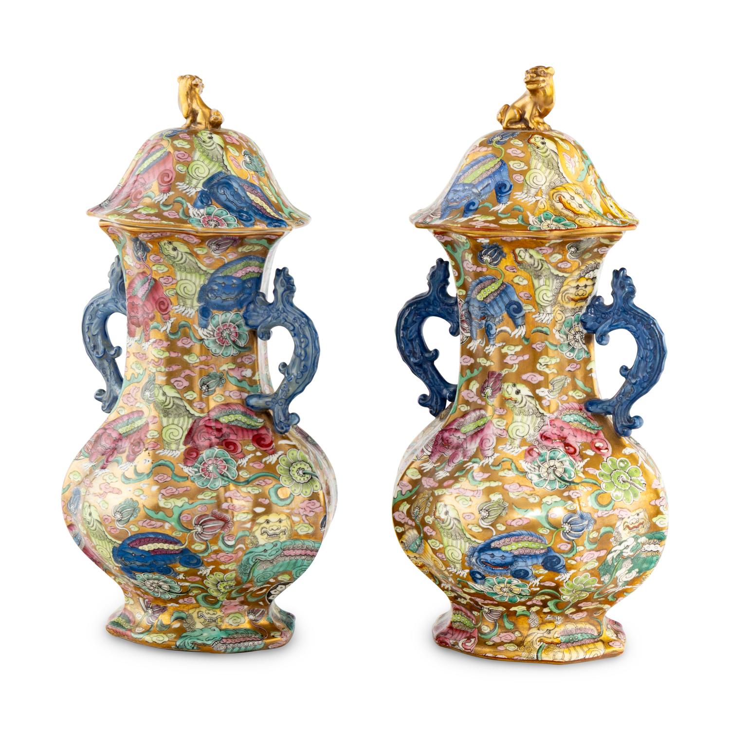 A Pair of English Parcel Gilt Ironstone Covered Vases, in the Chinese Taste