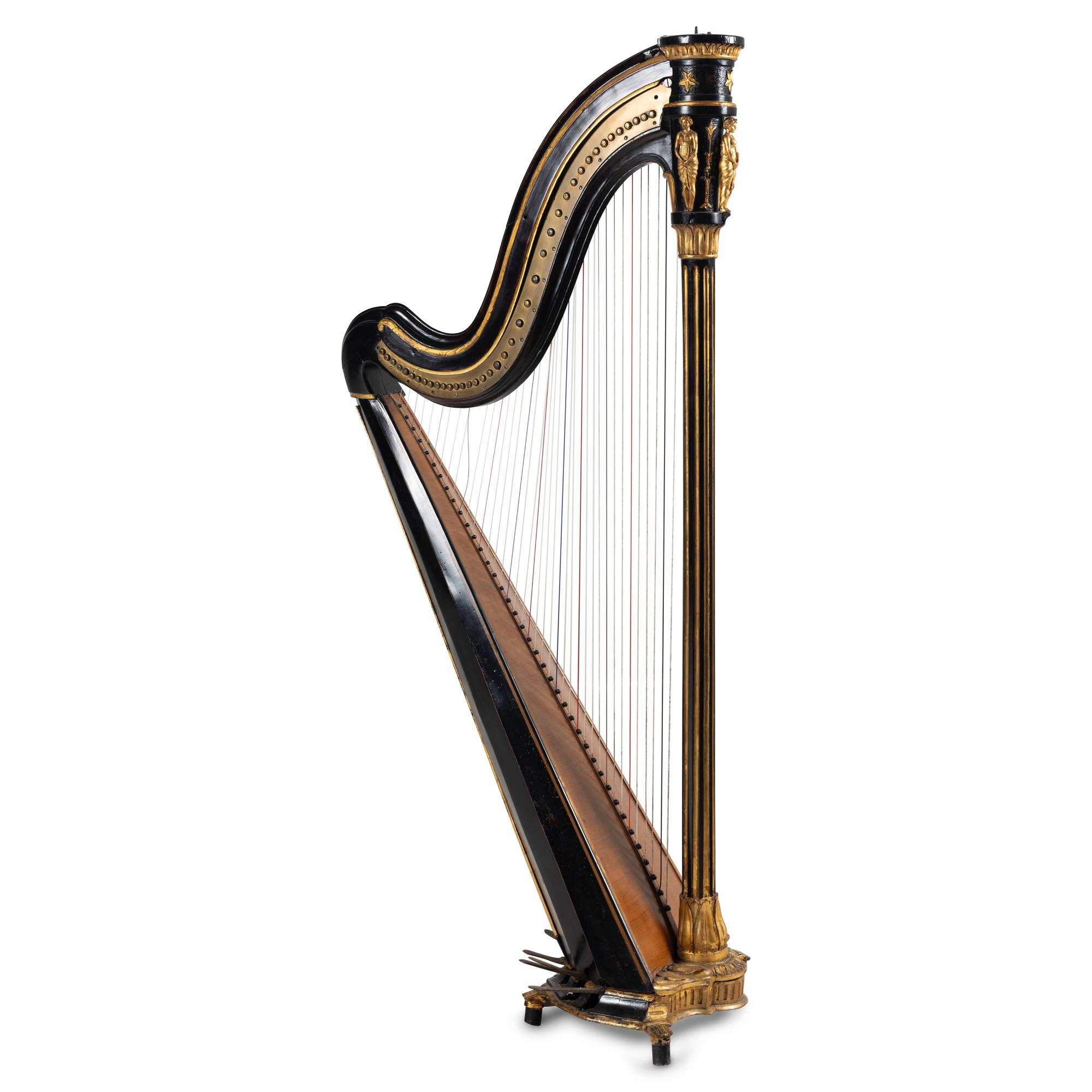 An Empire Black Lacquer and Parcel Gilt Harp